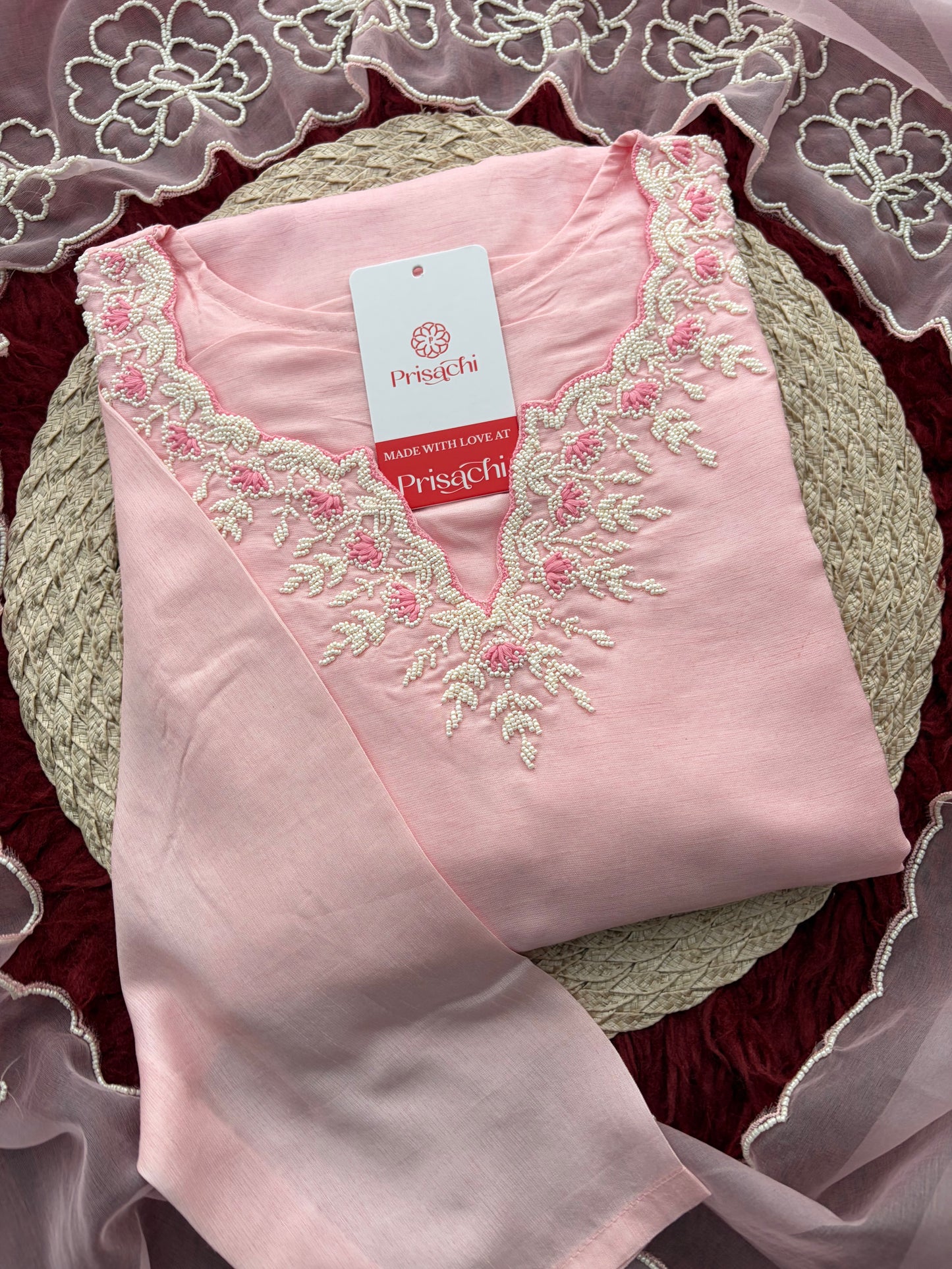 Baby Pink Embroidered Ethnic Kurta set with Pants and Dupatta For Women's | Festive Traditional Suit Set