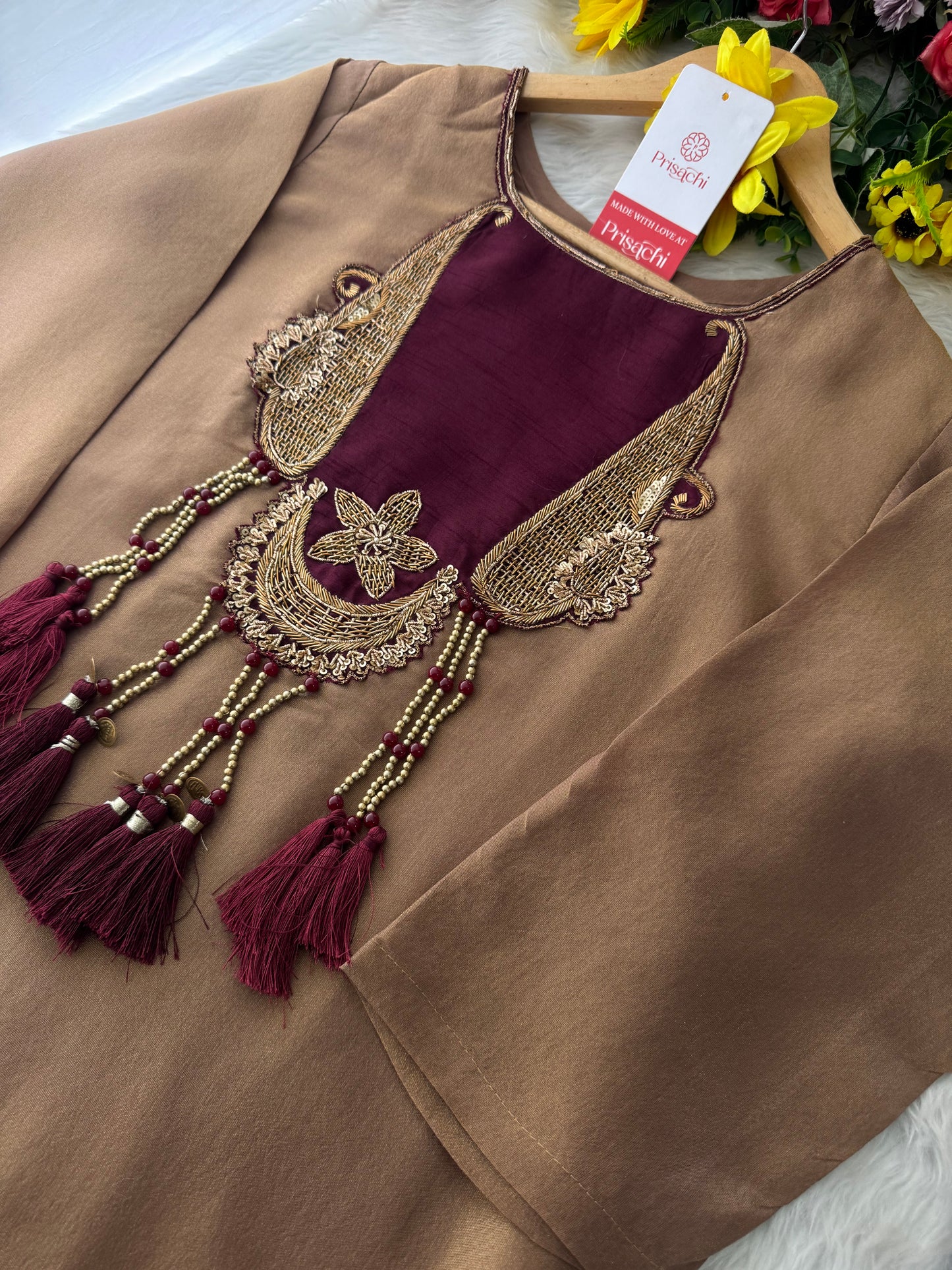 Brown A-Line Kurta Set with Pants and Dupatta for Women - Prisachi Official