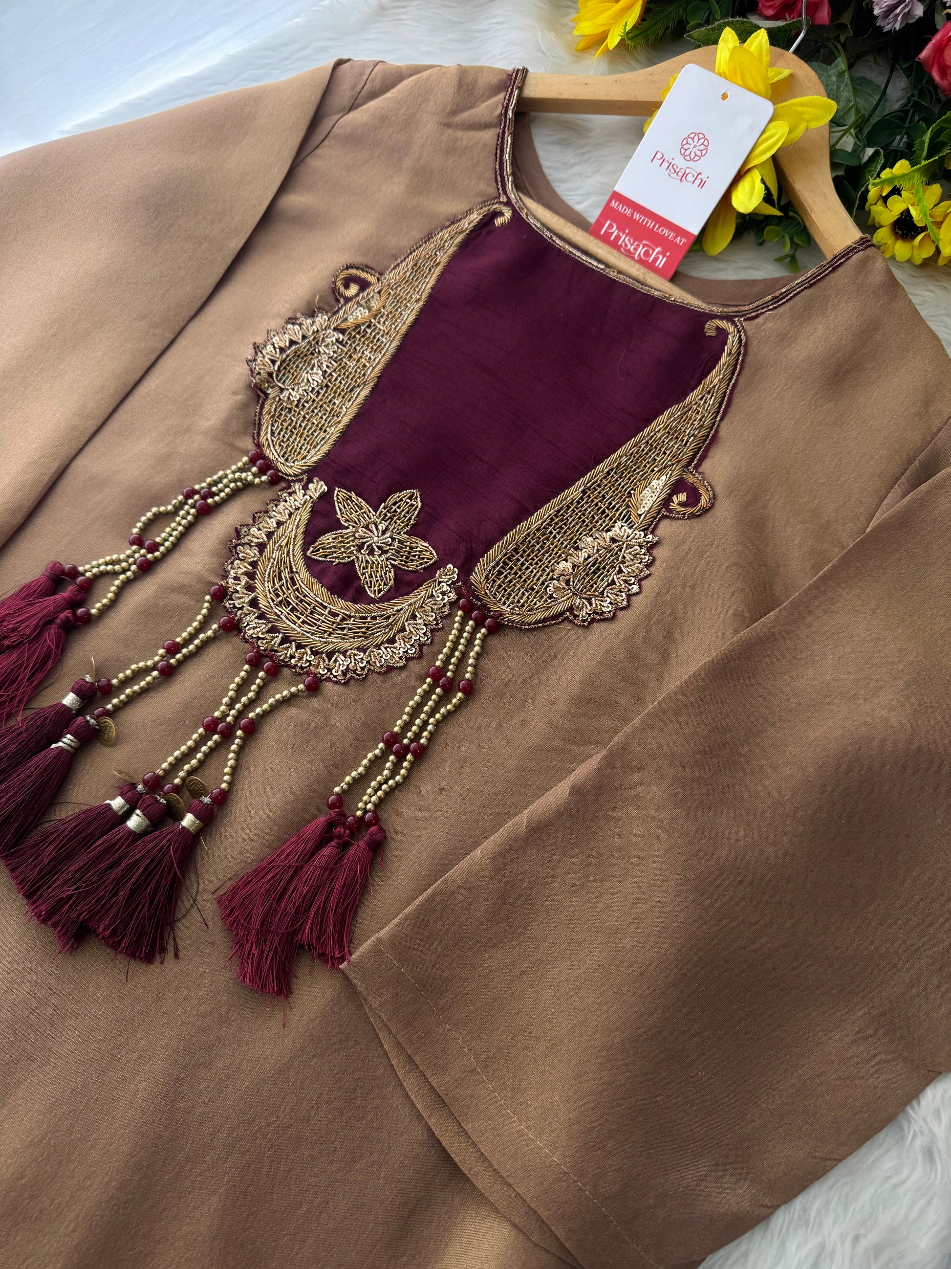 Brown A-Line Kurta Set with Pants and Dupatta for Women - Prisachi Official