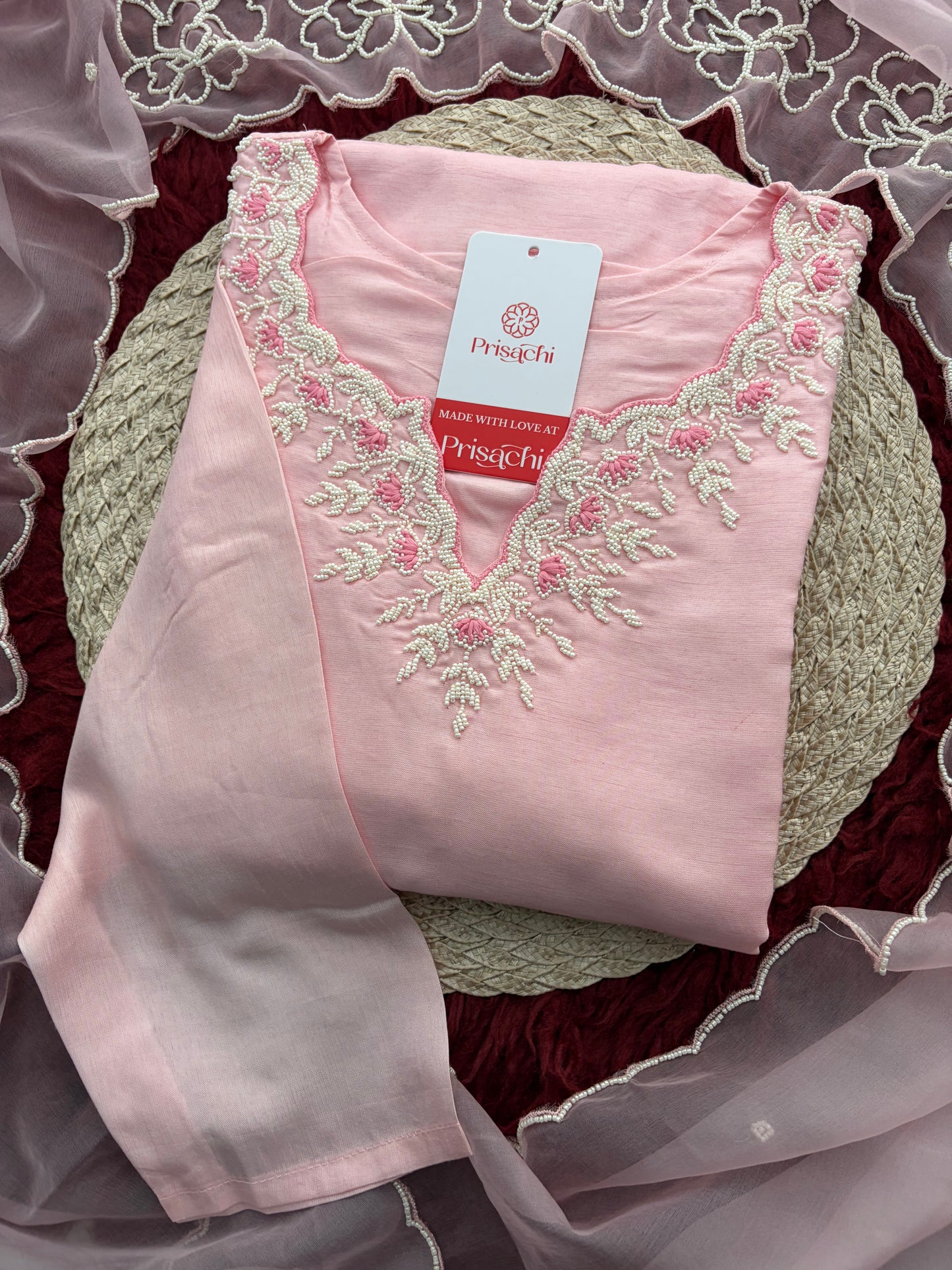 Baby Pink Embroidered Ethnic Kurta set with Pants and Dupatta For Women's | Festive Traditional Suit Set