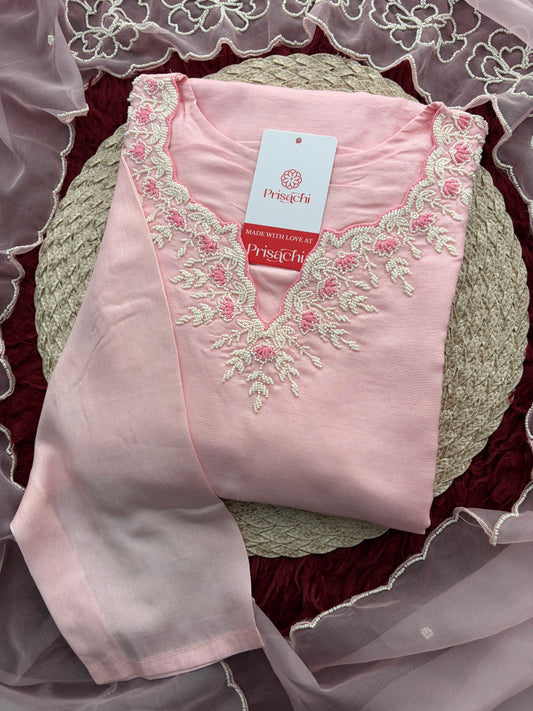 Baby Pink Embroidered Ethnic Kurta set with Pants and Dupatta For Women's | Festive Traditional Suit Set