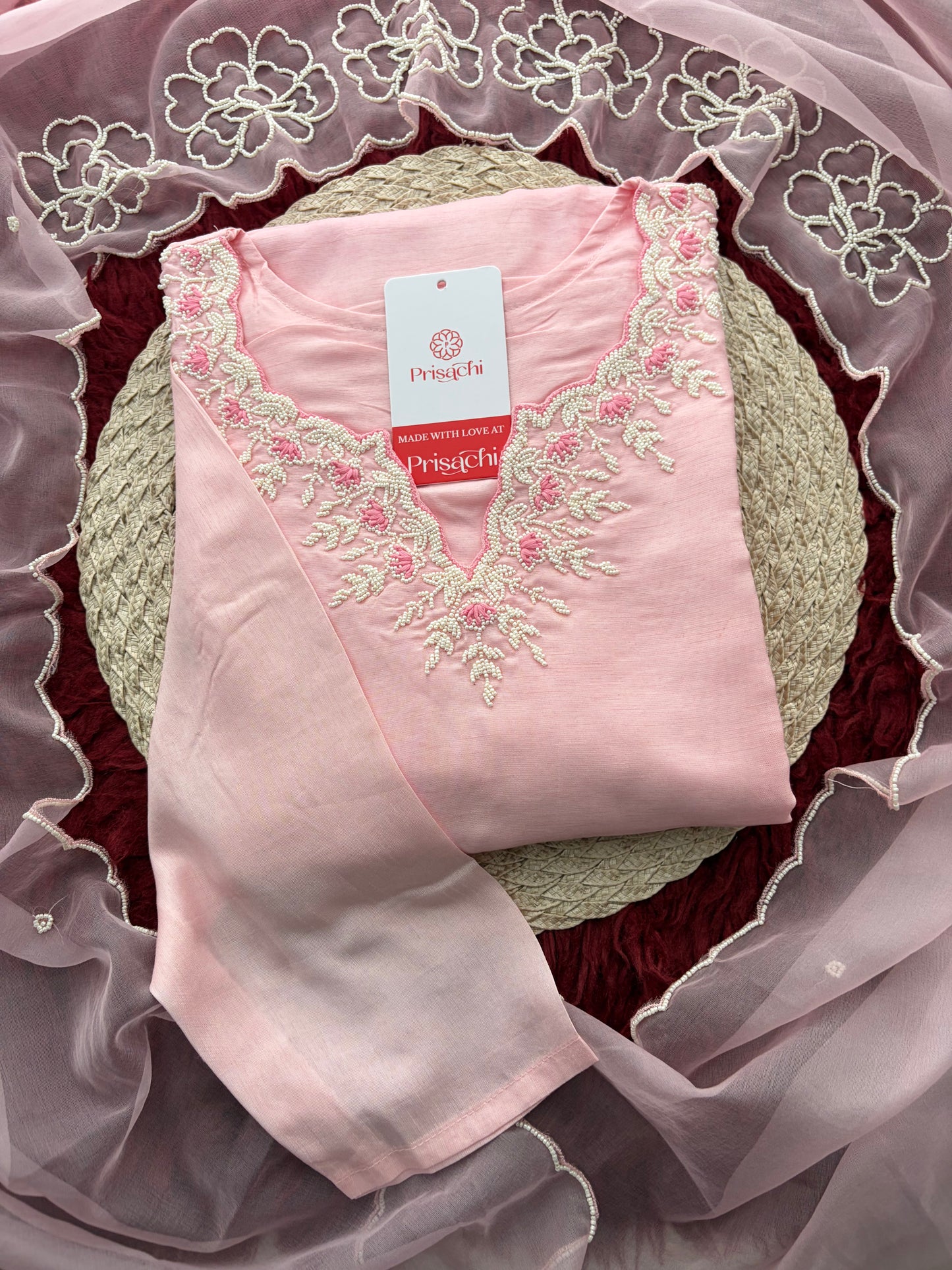 Baby Pink Embroidered Ethnic Kurta set with Pants and Dupatta For Women's | Festive Traditional Suit Set