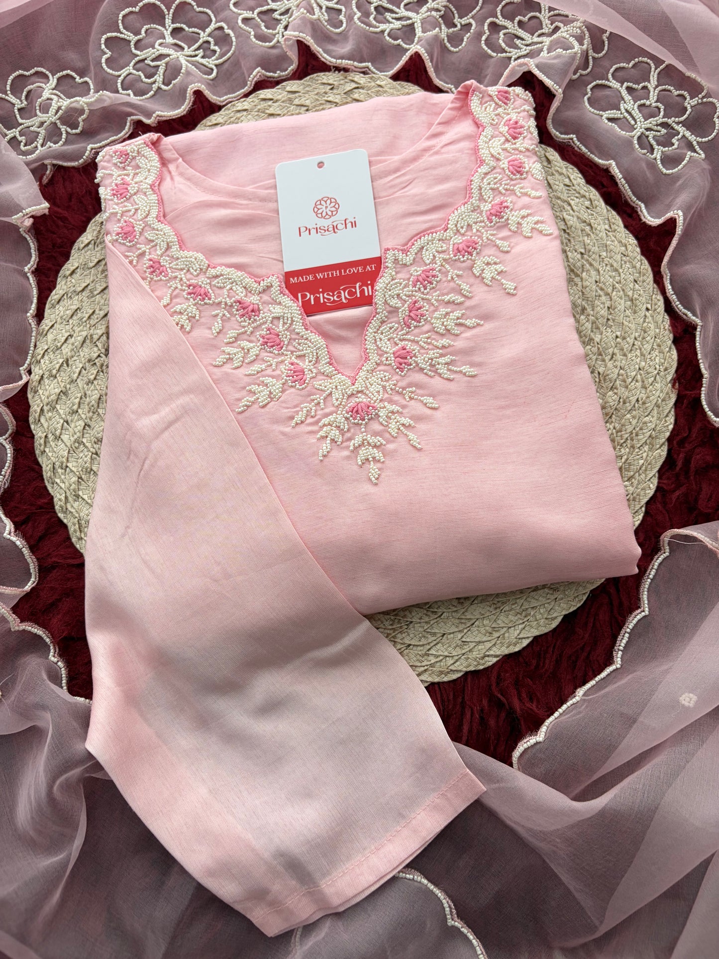 Baby Pink Embroidered Ethnic Kurta set with Pants and Dupatta For Women's | Festive Traditional Suit Set