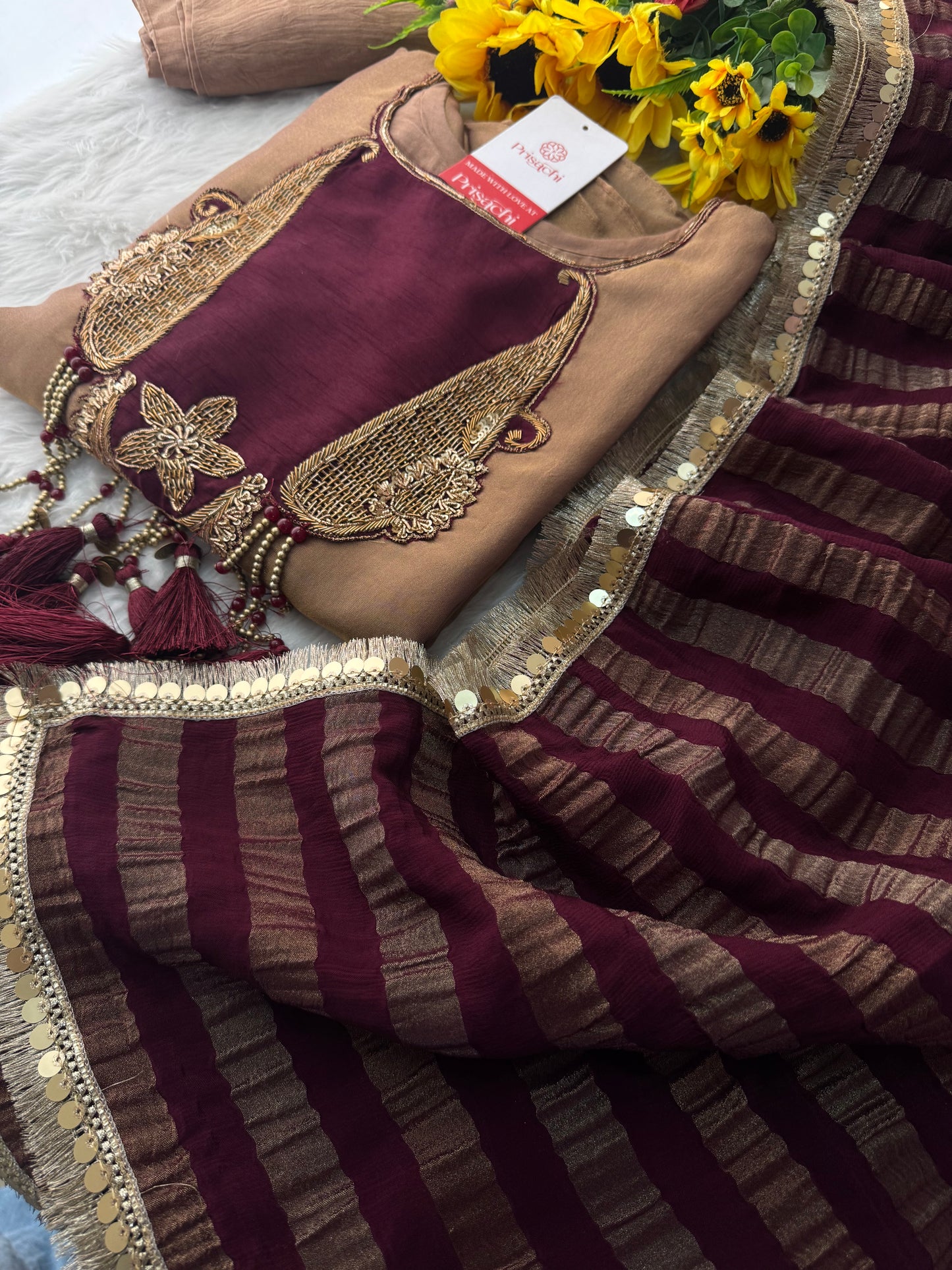 Brown A-Line Kurta Set with Pants and Dupatta for Women - Prisachi Official