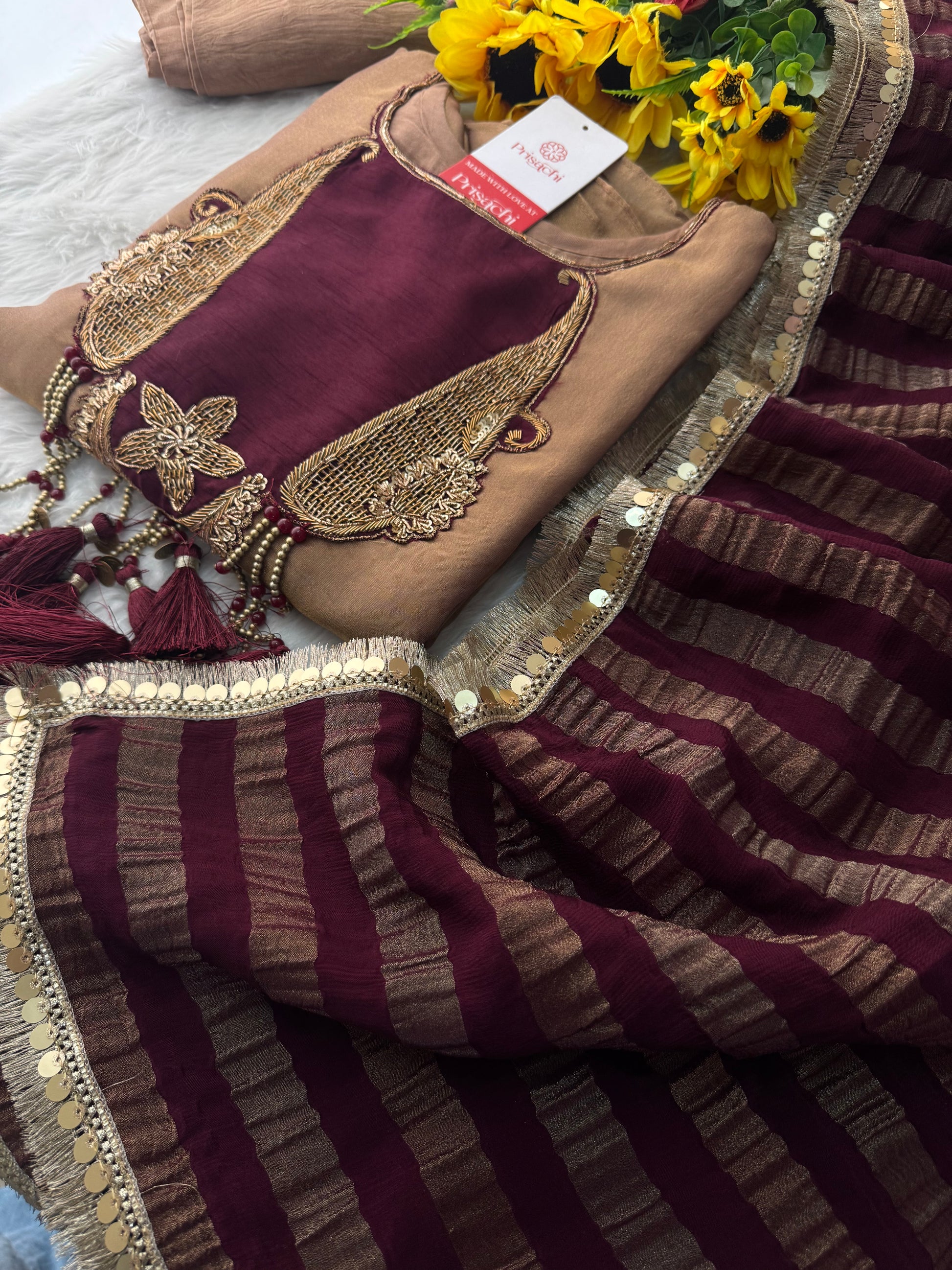 Brown A-Line Kurta Set with Pants and Dupatta for Women - Prisachi Official