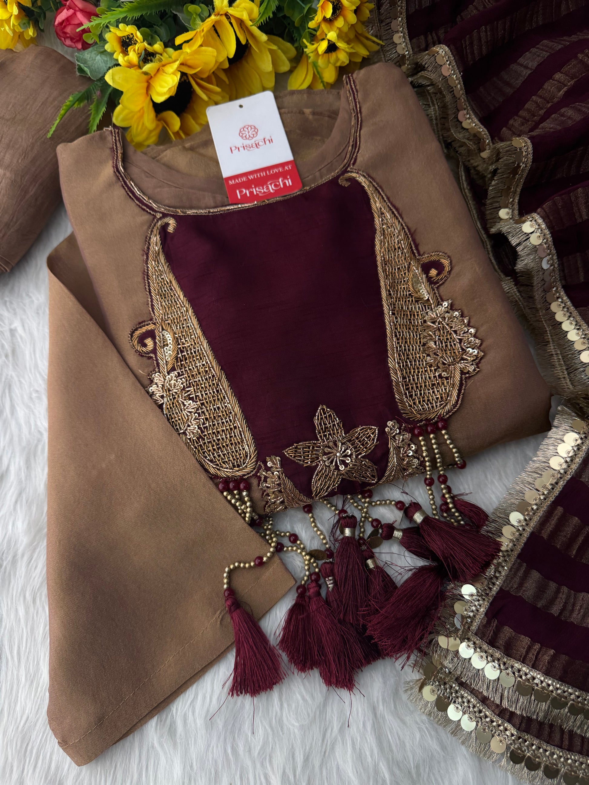 Brown A-Line Kurta Set with Pants and Dupatta for Women - Prisachi Official