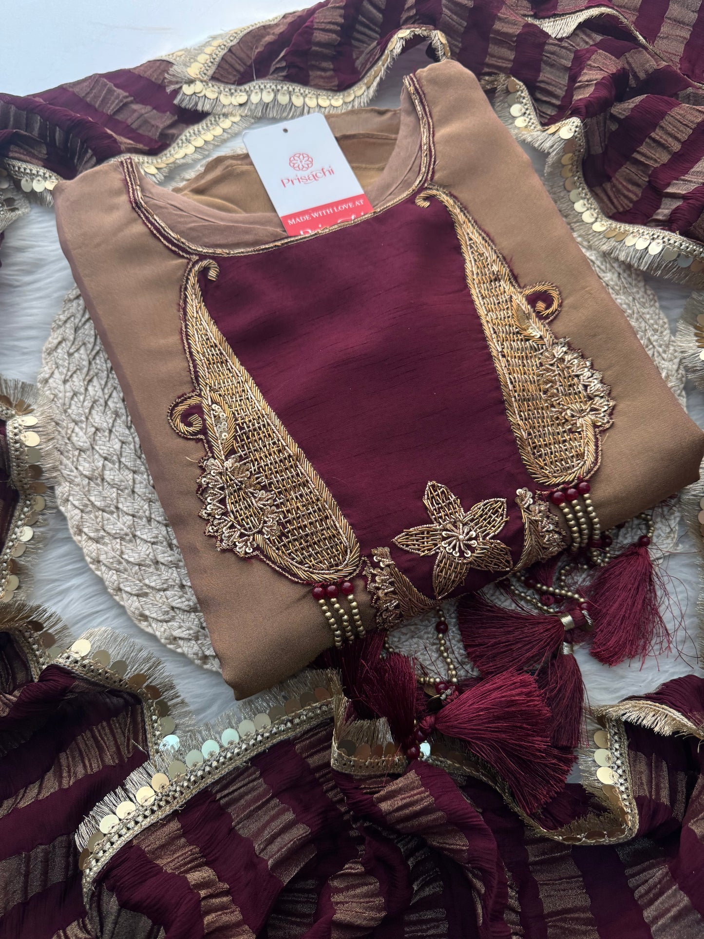 Brown A-Line Kurta Set with Pants and Dupatta for Women - Prisachi Official