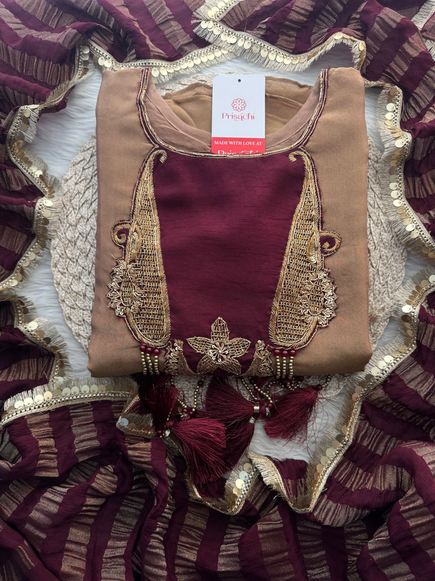Brown A-Line Kurta Set with Pants and Dupatta for Women - Prisachi Official