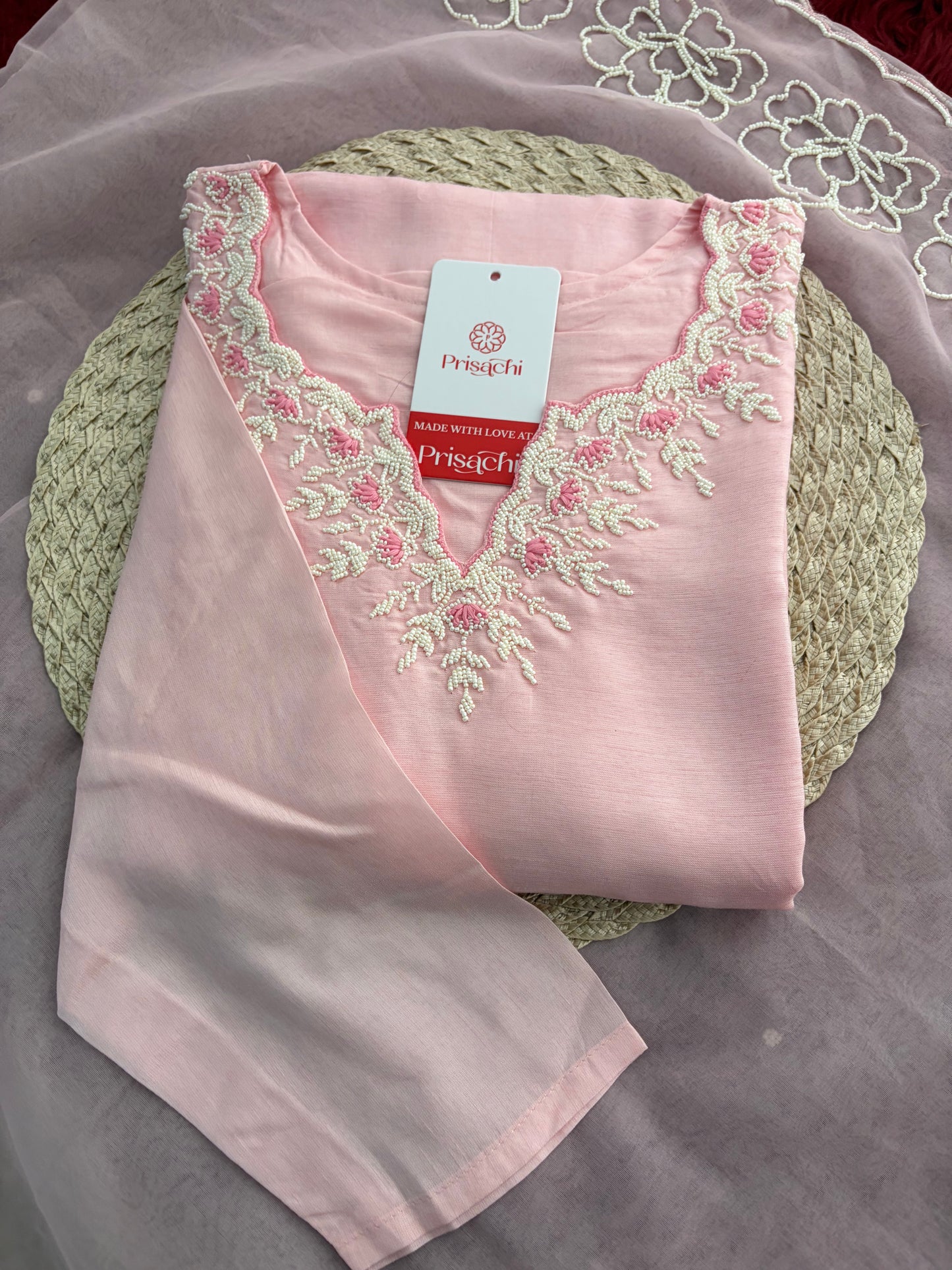 Baby Pink Embroidered Ethnic Kurta set with Pants and Dupatta For Women's | Festive Traditional Suit Set