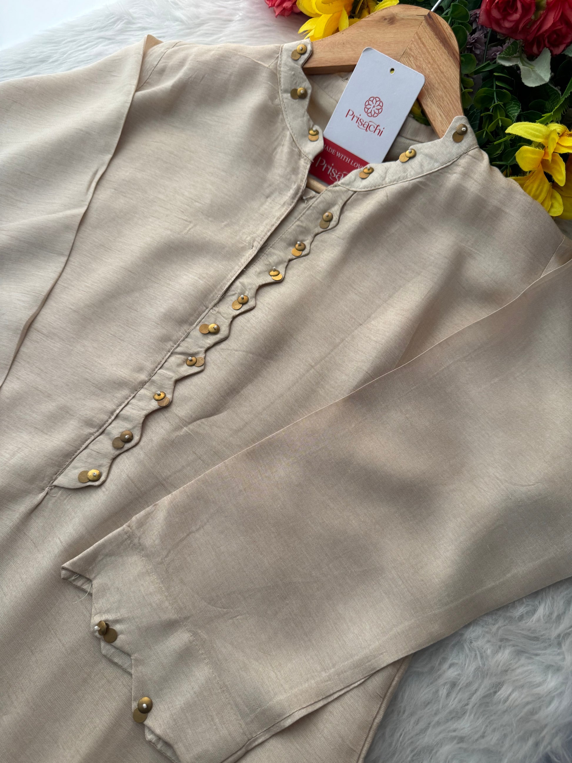Beige Kurta Set for Women with Pants & Floral Embroidered Designer Dupatta - Prisachi Official