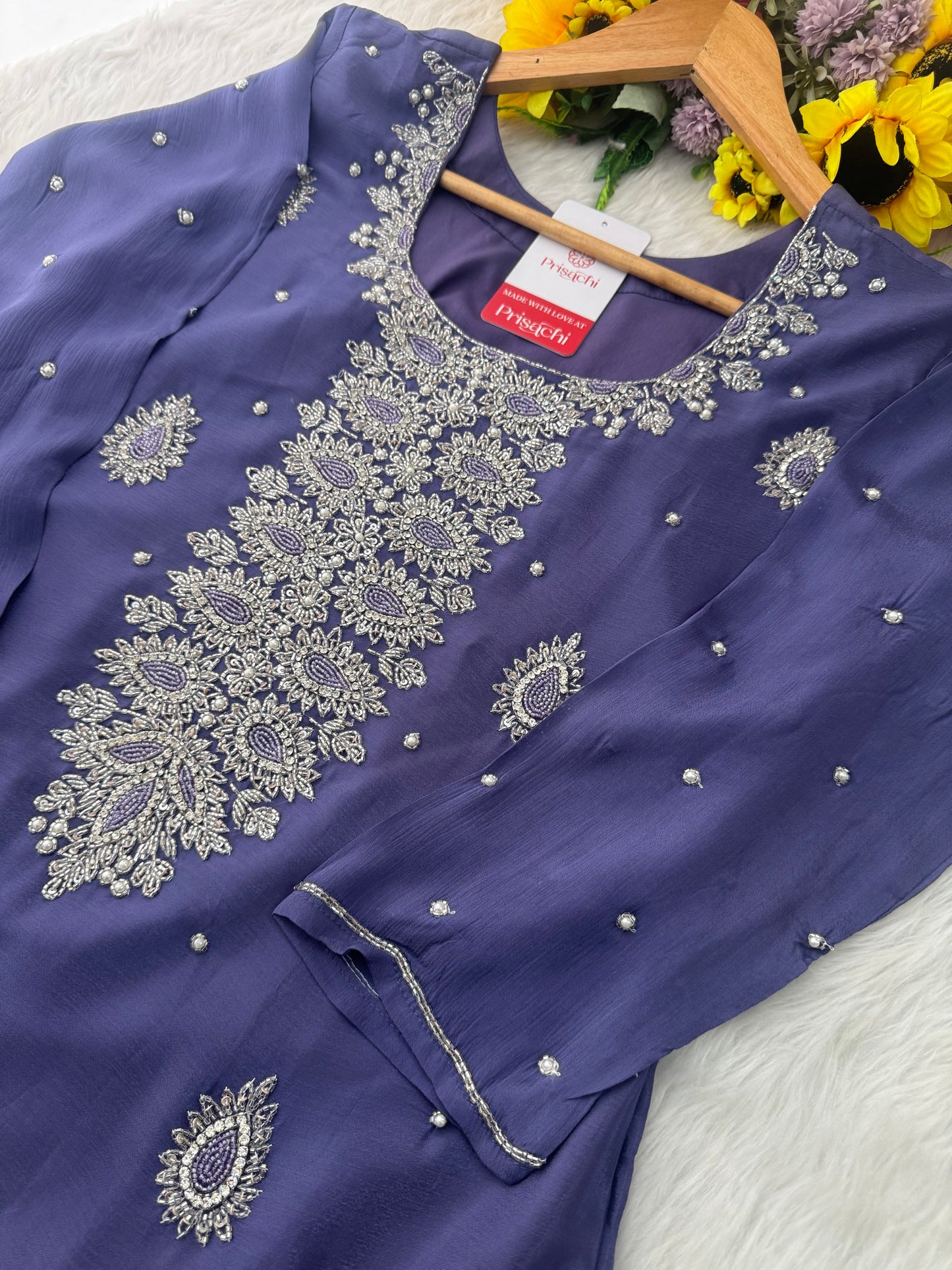 Lavender Embroidered Sharara Suit Set with Handwork Kurta & Dupatta - Prisachi Official
