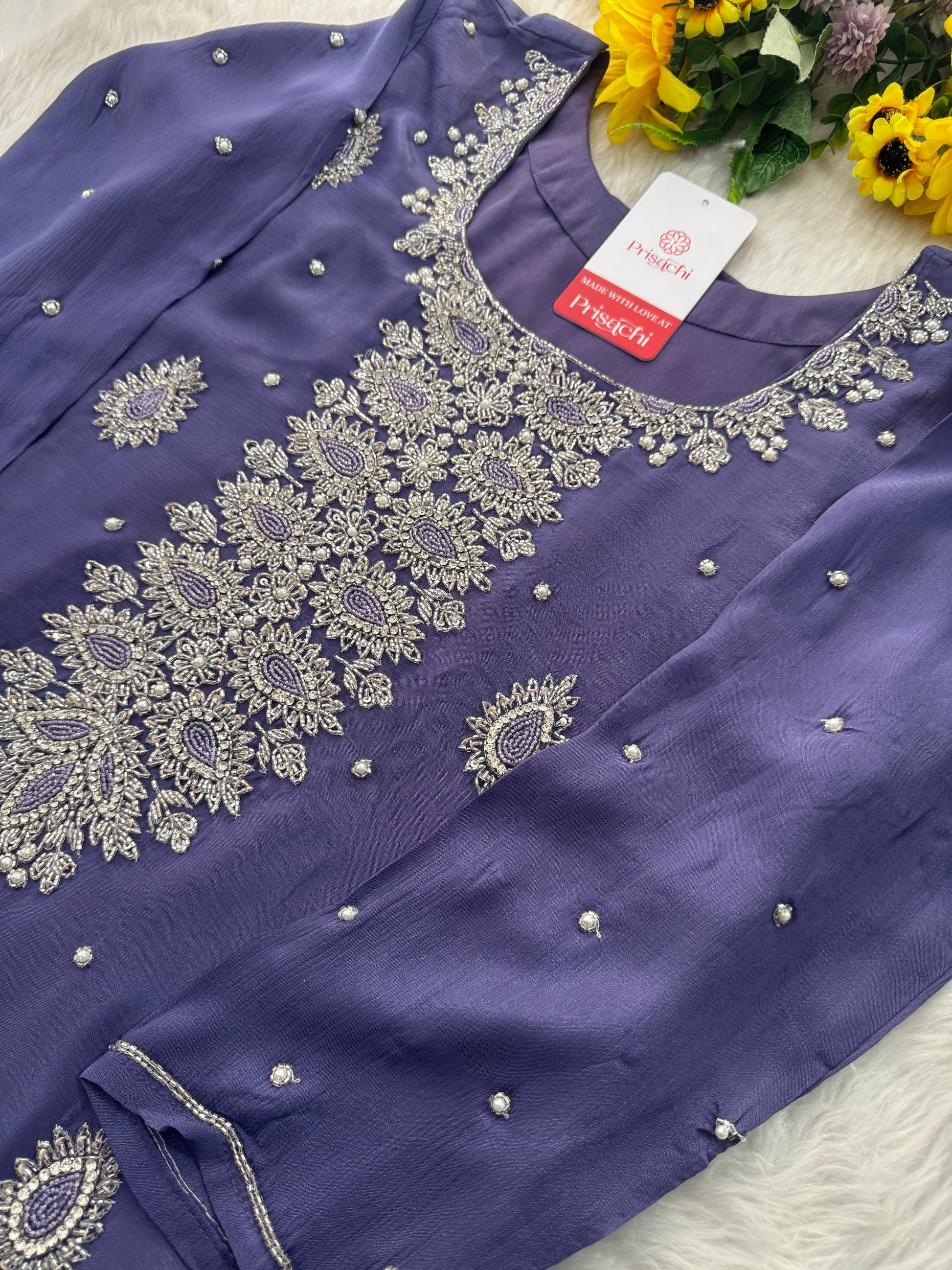 Lavender Embroidered Sharara Suit Set with Handwork Kurta & Dupatta - Prisachi Official