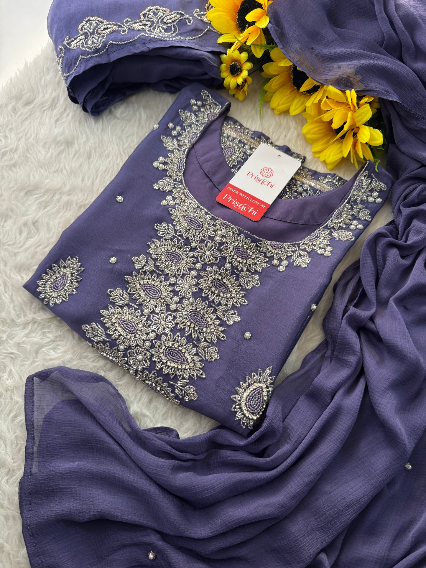 Lavender Embroidered Sharara Suit Set with Handwork Kurta & Dupatta - Prisachi Official