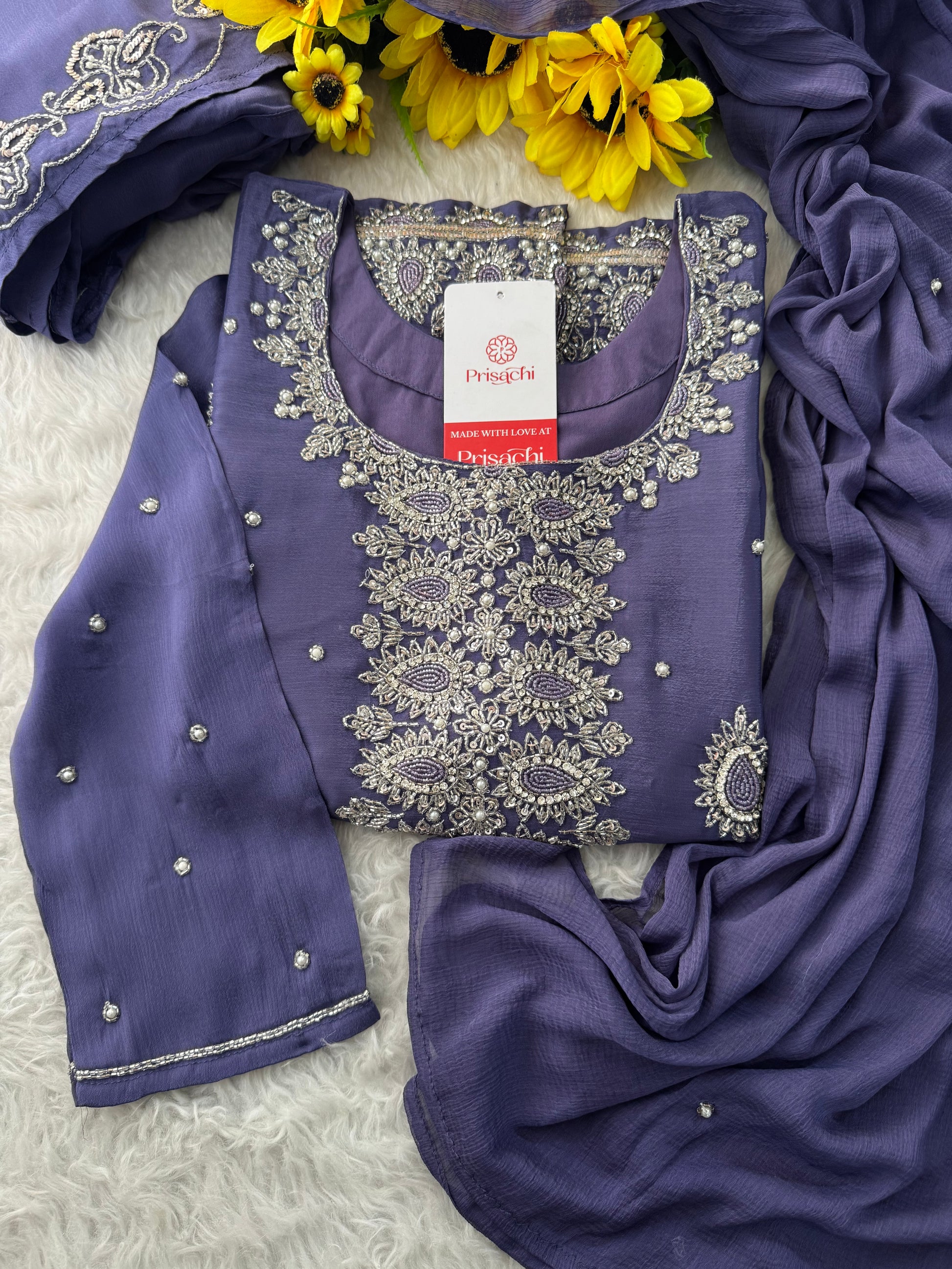 Lavender Embroidered Sharara Suit Set with Handwork Kurta & Dupatta - Prisachi Official