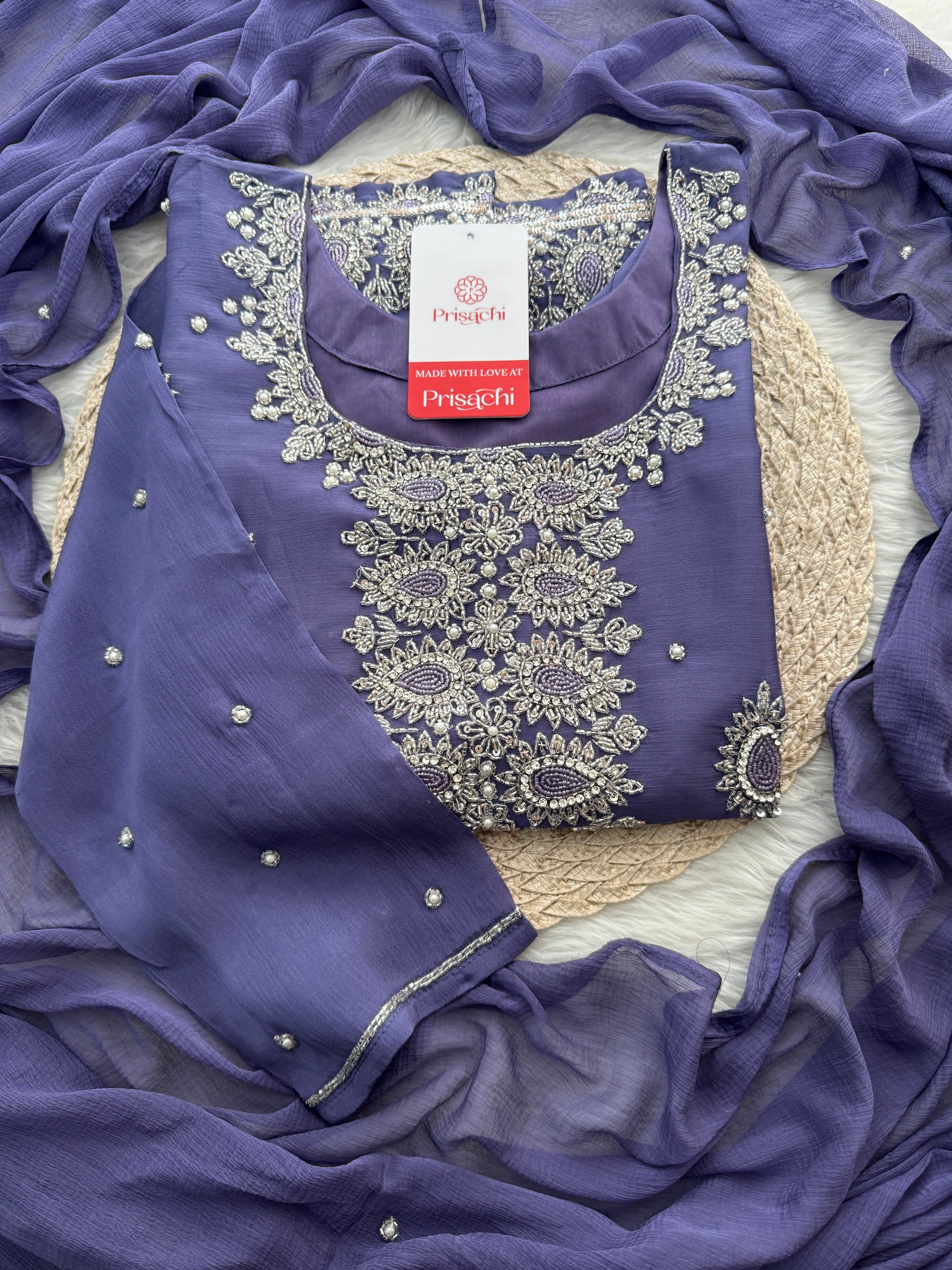 Lavender Embroidered Sharara Suit Set with Handwork Kurta & Dupatta - Prisachi Official