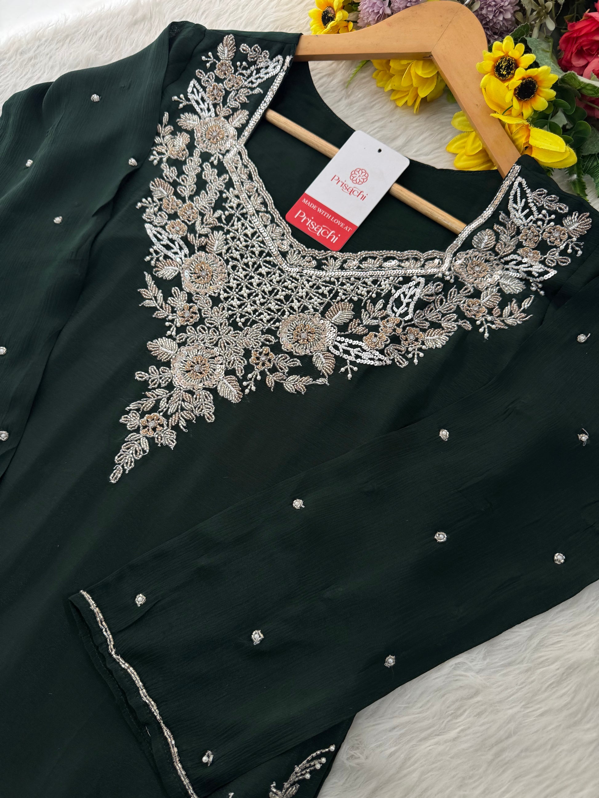 Dark Green Embroidered Kurti Sharara Suit Set with Dupatta for Women - Prisachi Official