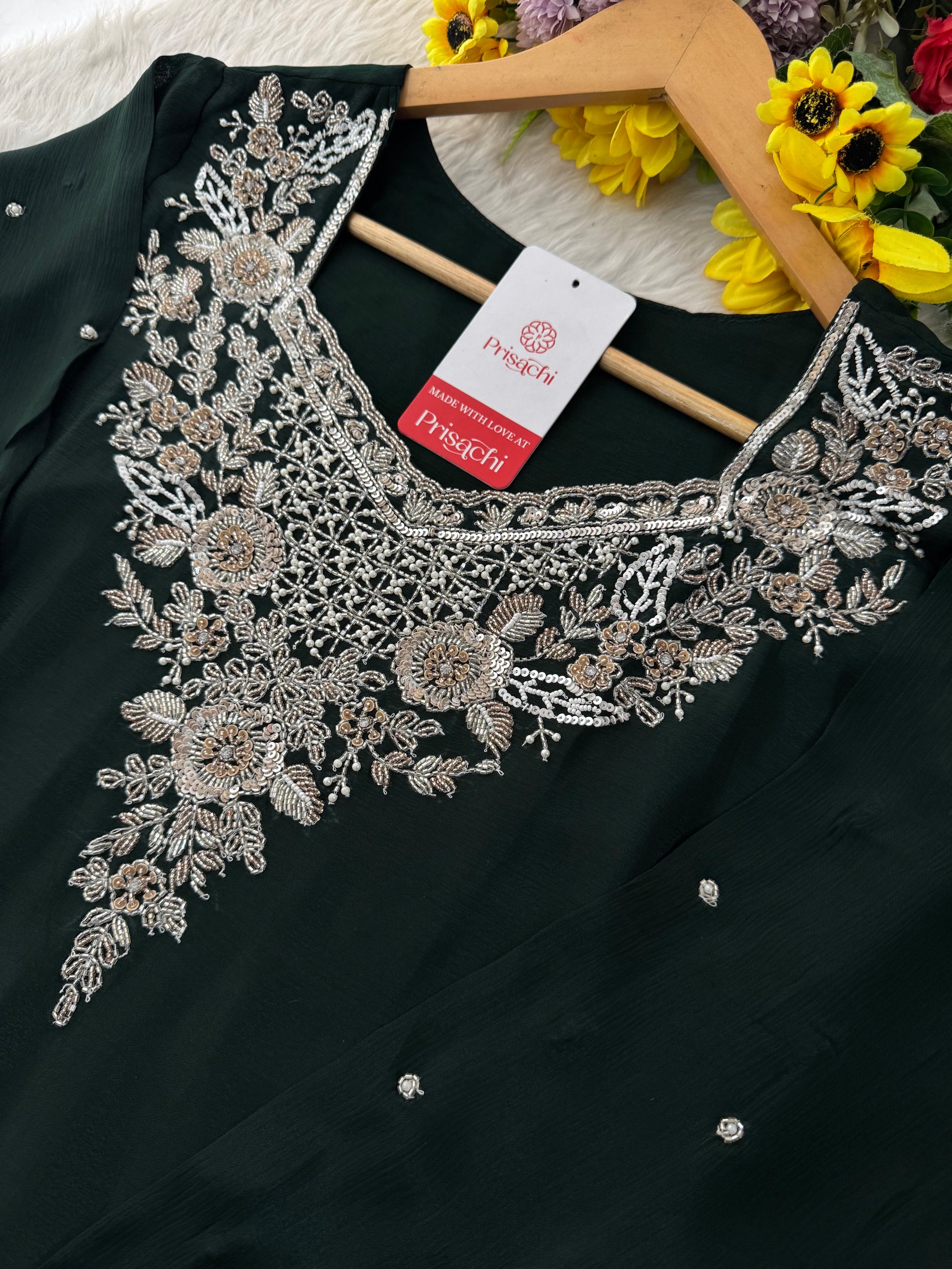 Dark Green Embroidered Kurti Sharara Suit Set with Dupatta for Women - Prisachi Official