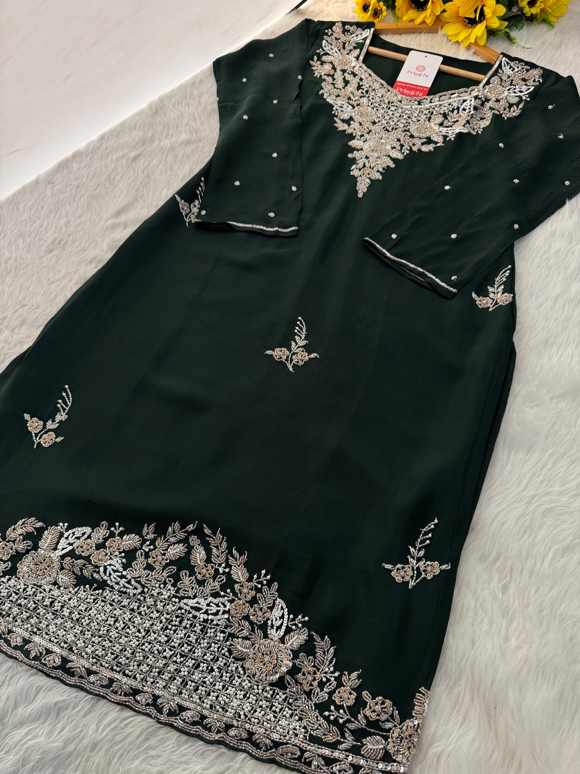Dark Green Embroidered Kurti Sharara Suit Set with Dupatta for Women - Prisachi Official