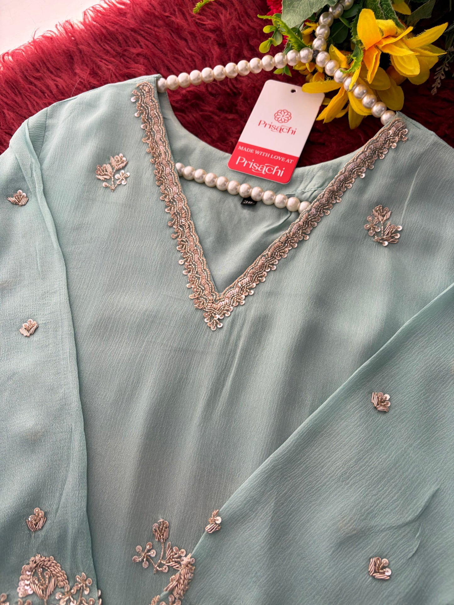 Sky Blue Zardozi Embroidered Kurti Set with Sharara And Dupatta | Festive & Wedding Ethnic Suit Set