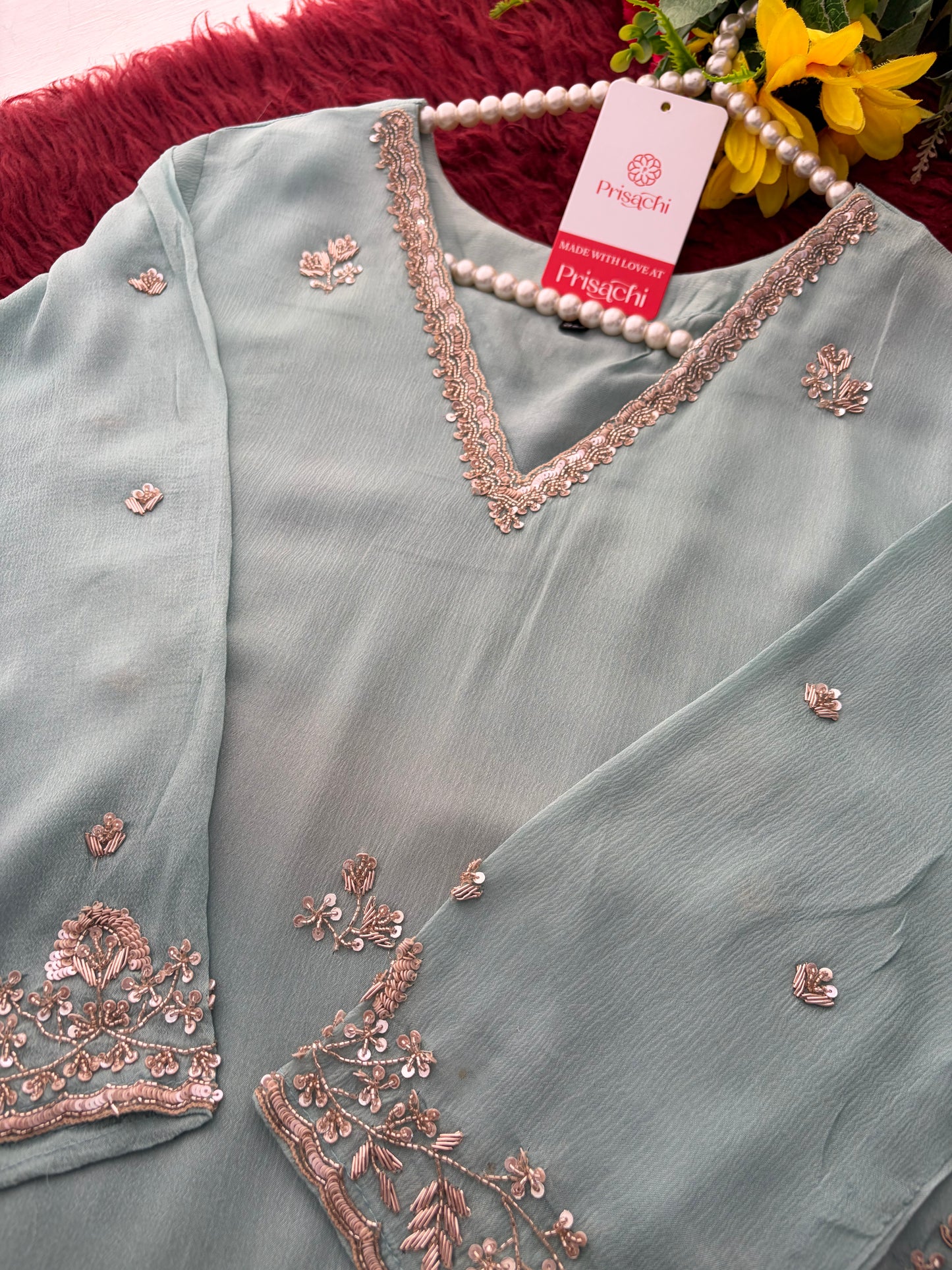 Sky Blue Zardozi Embroidered Kurti Set with Sharara And Dupatta | Festive & Wedding Ethnic Suit Set