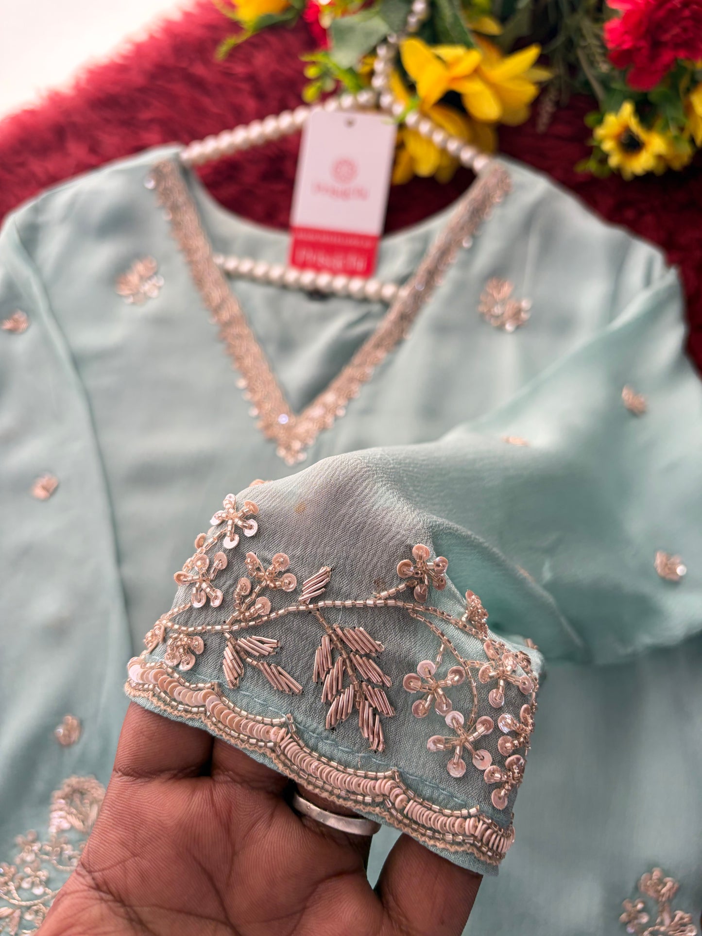 Sky Blue Zardozi Embroidered Kurti Set with Sharara And Dupatta | Festive & Wedding Ethnic Suit Set