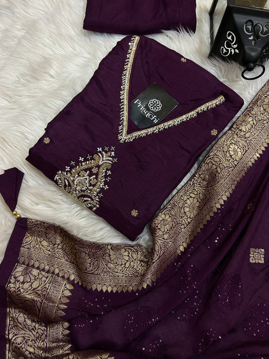 Wine cotton silk embroidered straight kurta set with dupatta - Prisachi Official