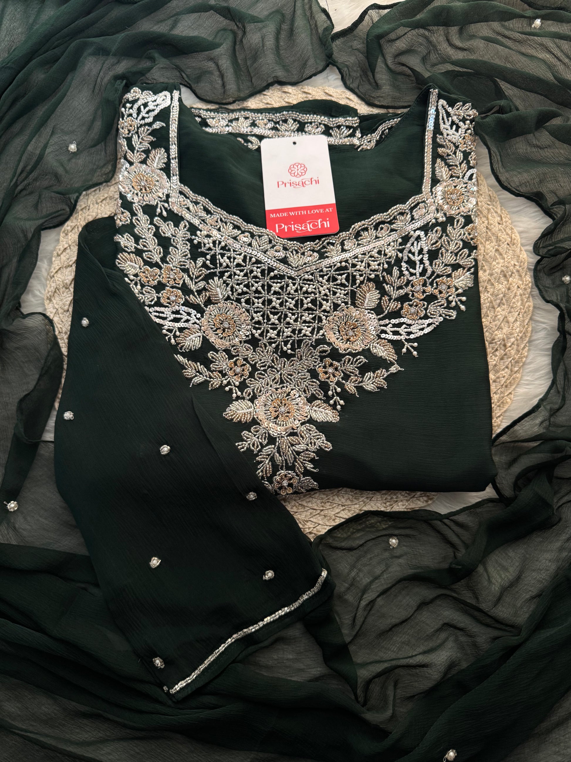 Dark Green Embroidered Kurti Sharara Suit Set with Dupatta for Women - Prisachi Official
