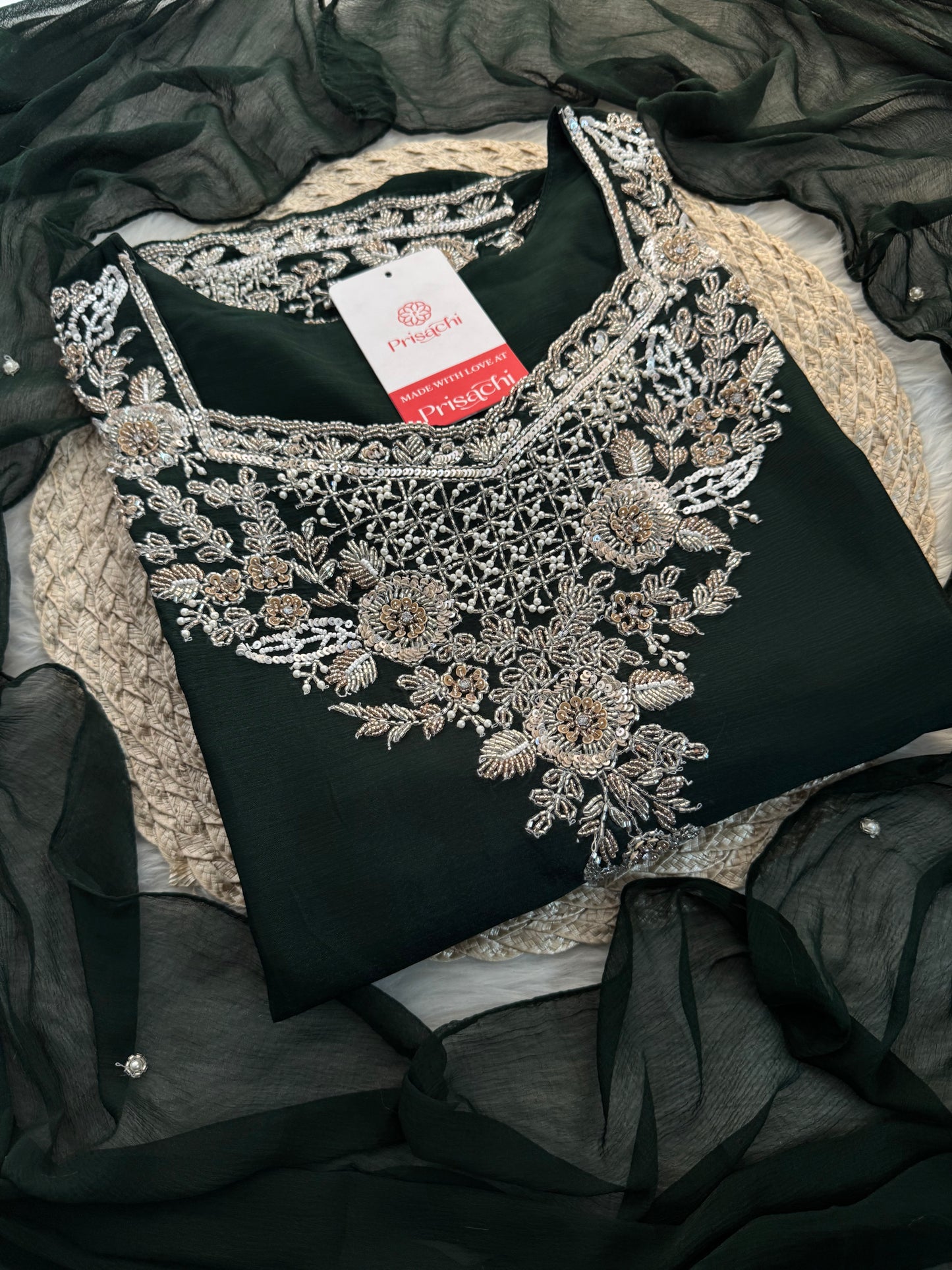 Dark Green Embroidered Kurti Sharara Suit Set with Dupatta for Women - Prisachi Official