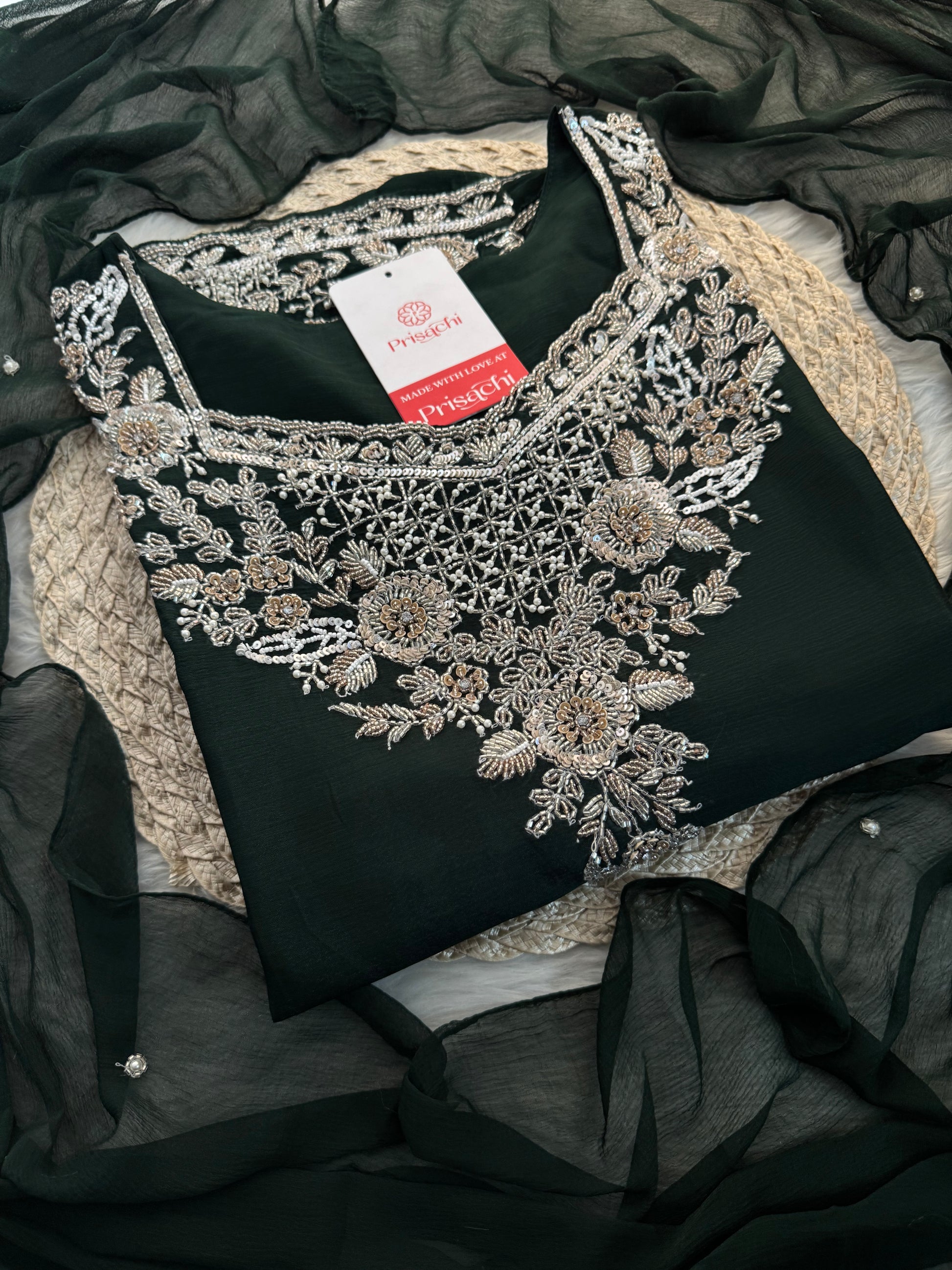 Dark Green Embroidered Kurti Sharara Suit Set with Dupatta for Women - Prisachi Official