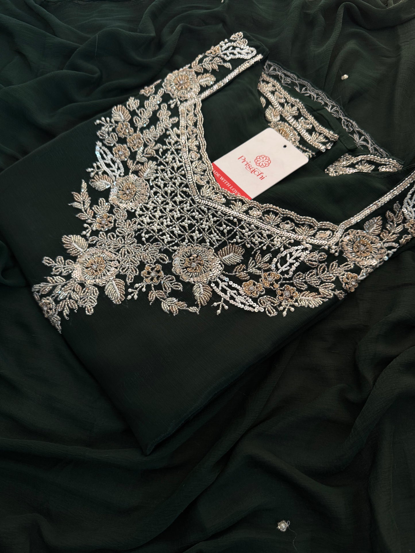 Dark Green Embroidered Kurti Sharara Suit Set with Dupatta for Women - Prisachi Official