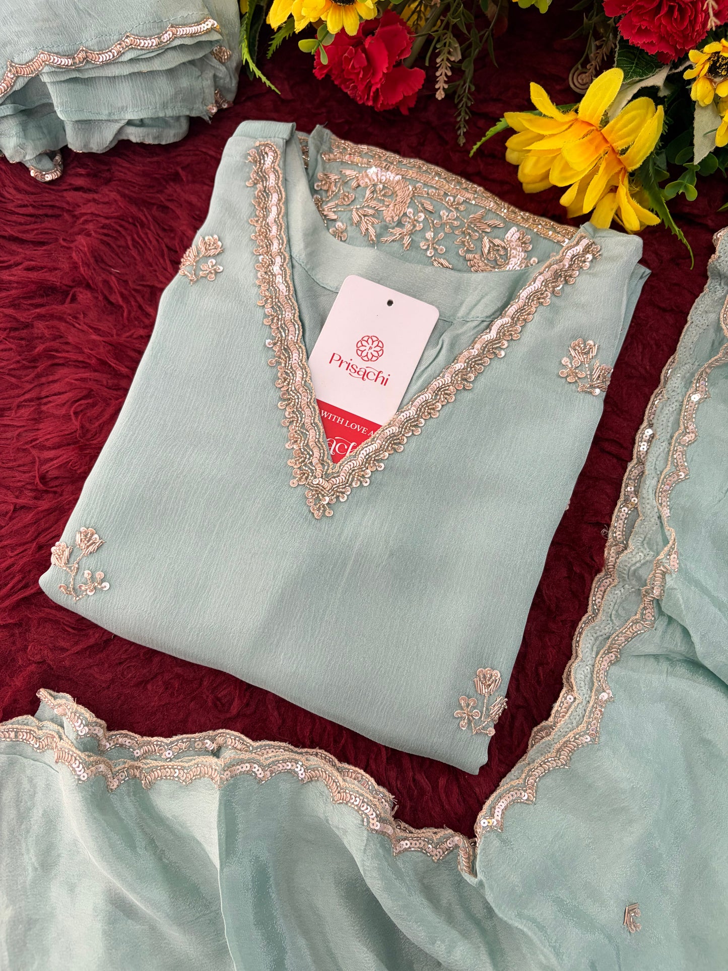 Sky Blue Zardozi Embroidered Kurti Set with Sharara And Dupatta | Festive & Wedding Ethnic Suit Set