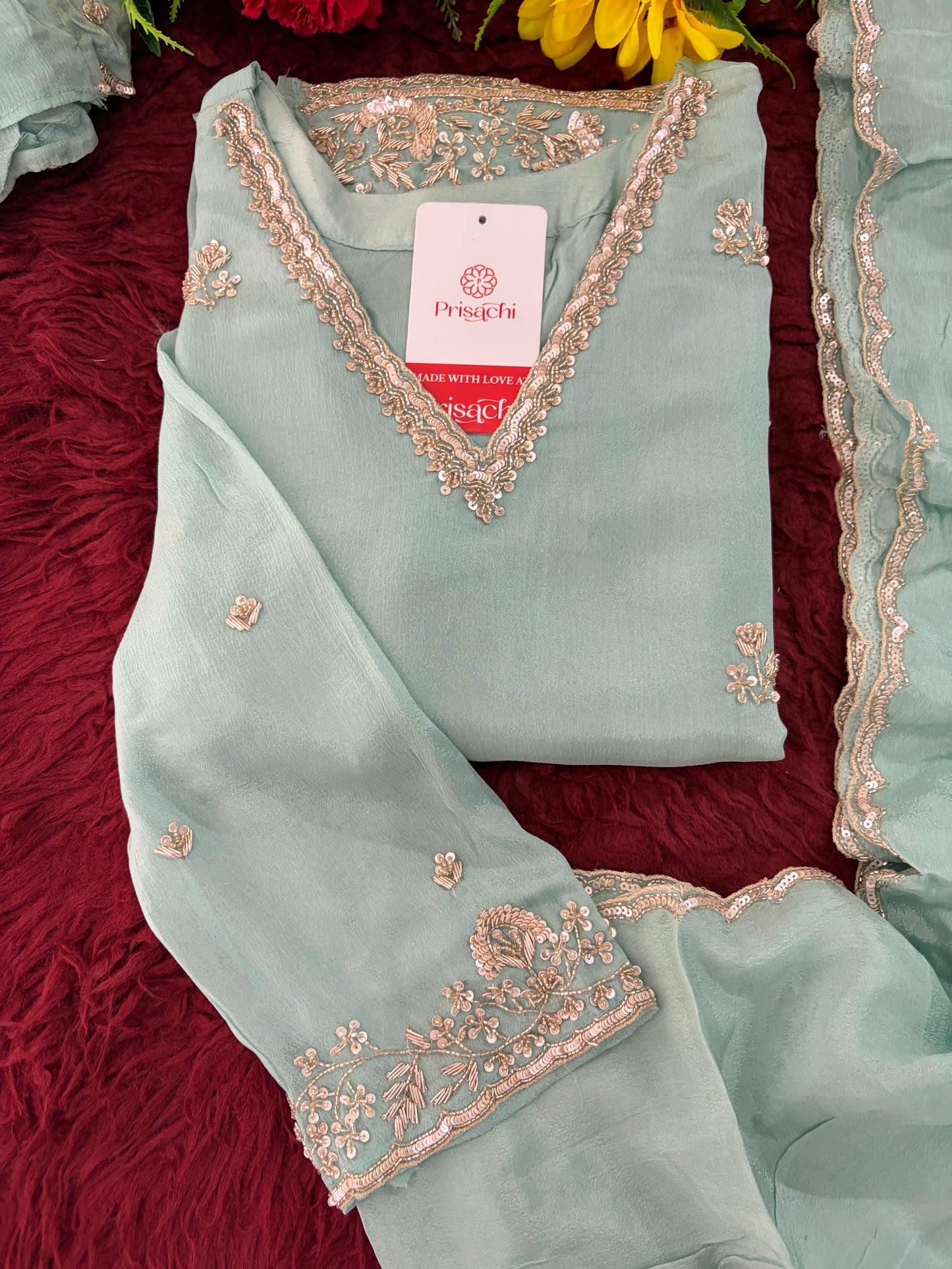Sky Blue Zardozi Embroidered Kurti Set with Sharara And Dupatta | Festive & Wedding Ethnic Suit Set