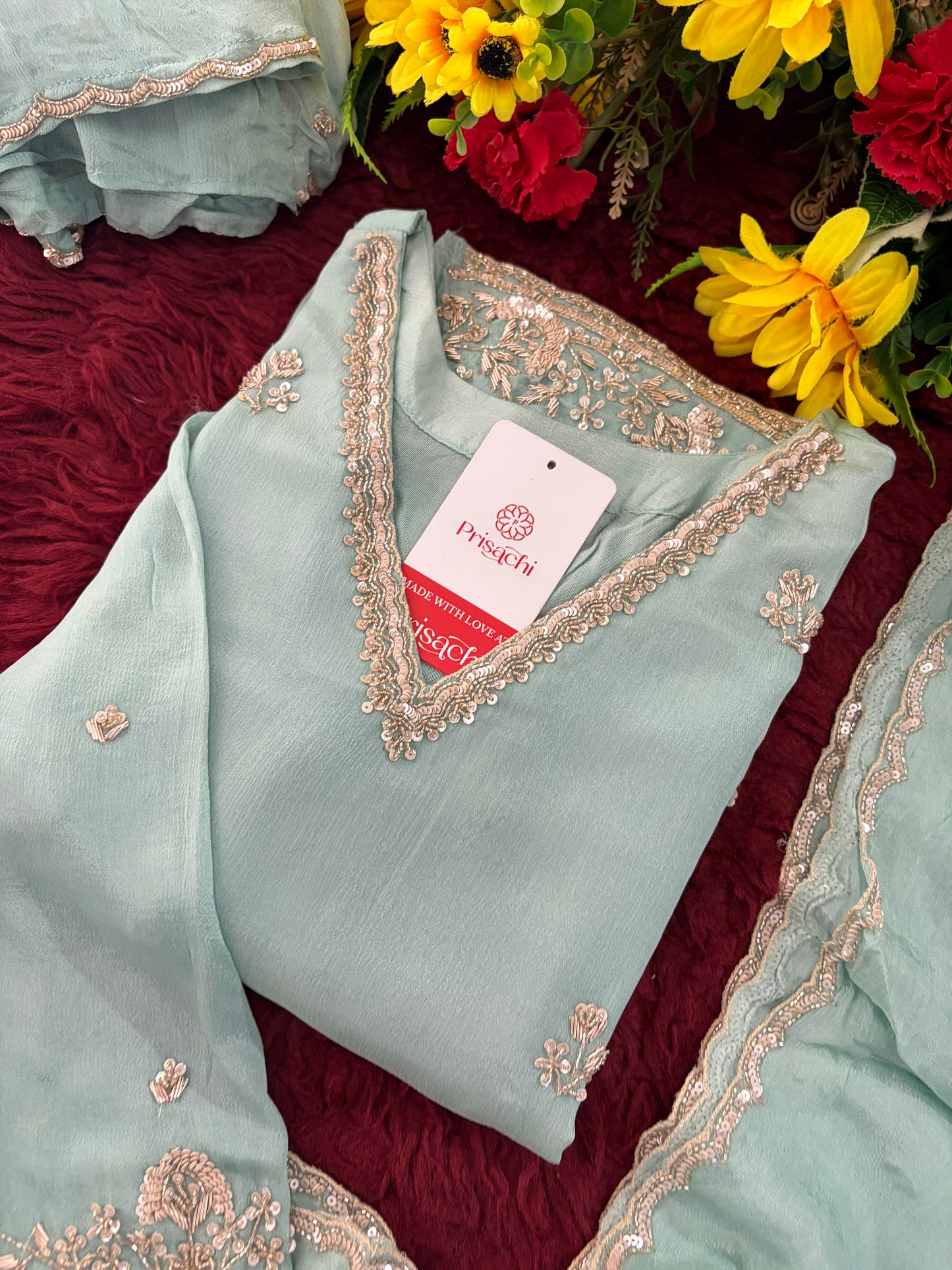 Sky Blue Zardozi Embroidered Kurti Set with Sharara And Dupatta | Festive & Wedding Ethnic Suit Set