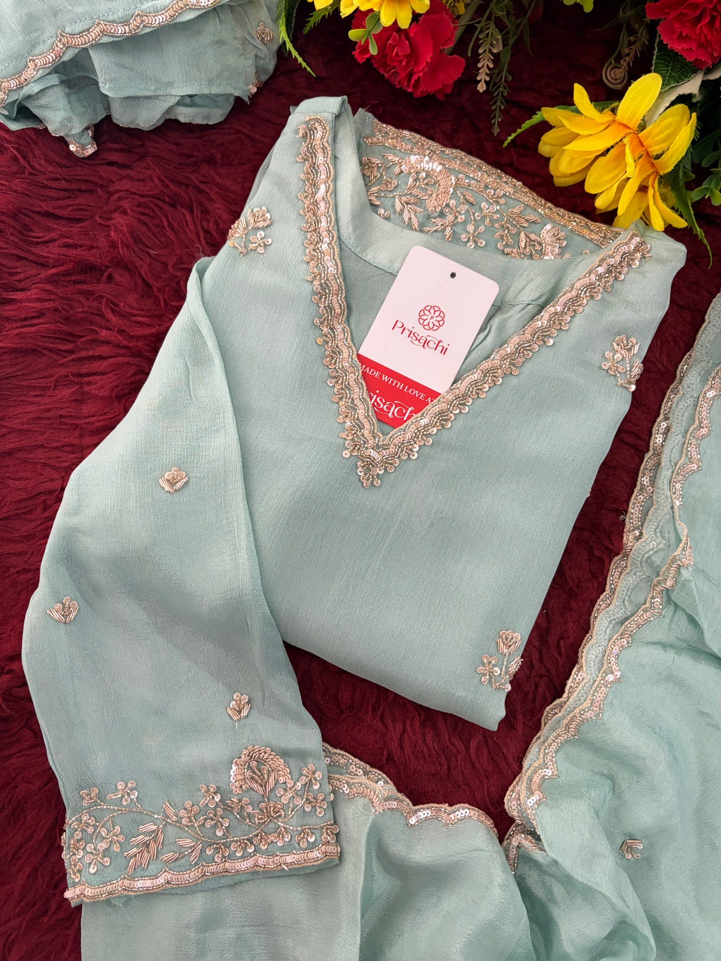 Sky Blue Zardozi Embroidered Kurti Set with Sharara And Dupatta | Festive & Wedding Ethnic Suit Set