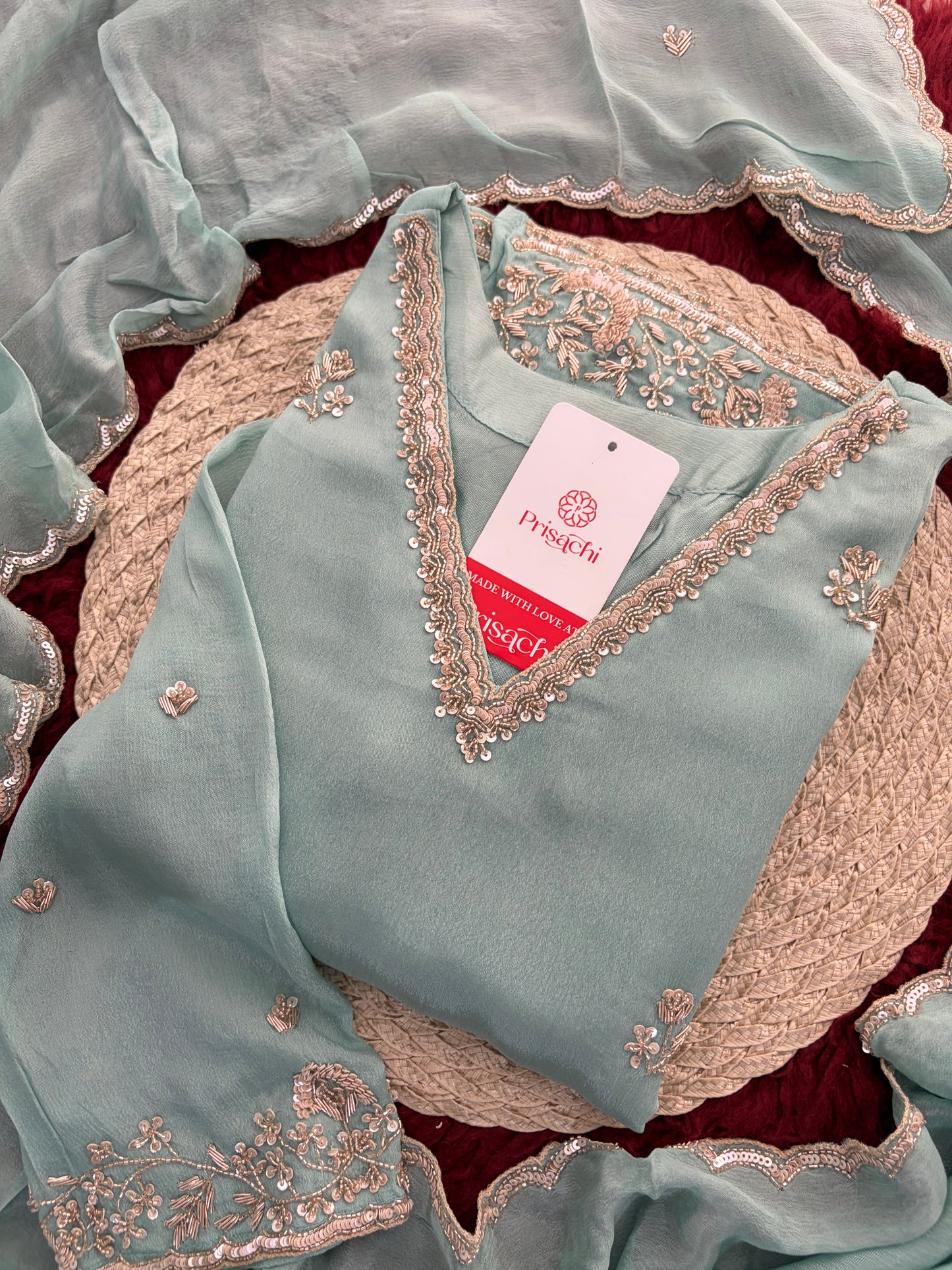 Sky Blue Zardozi Embroidered Kurti Set with Sharara And Dupatta | Festive & Wedding Ethnic Suit Set