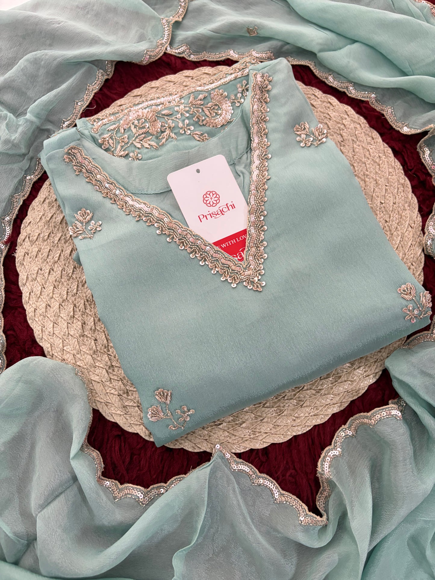 Sky Blue Zardozi Embroidered Kurti Set with Sharara And Dupatta | Festive & Wedding Ethnic Suit Set
