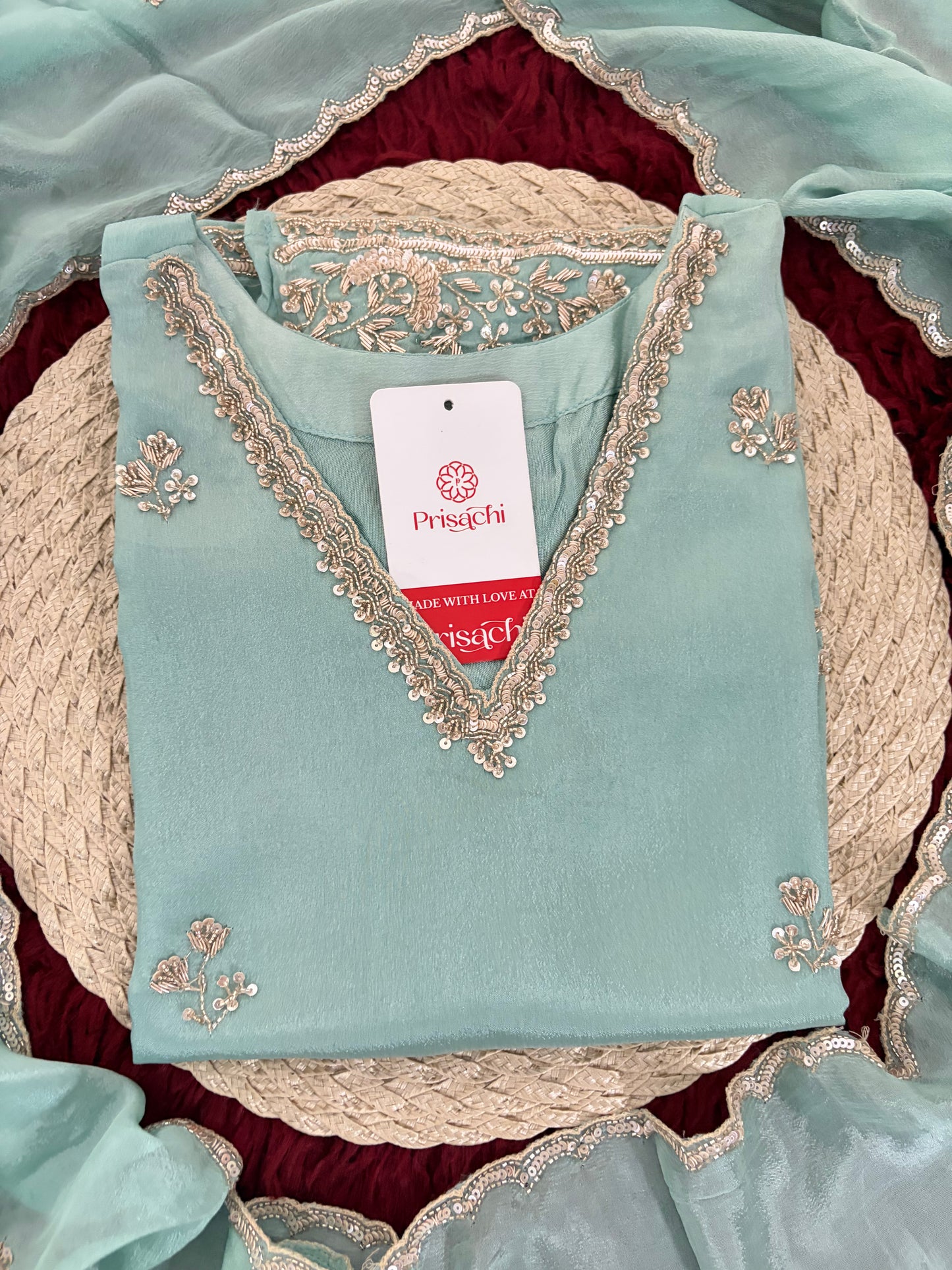 Sky Blue Zardozi Embroidered Kurti Set with Sharara And Dupatta | Festive & Wedding Ethnic Suit Set
