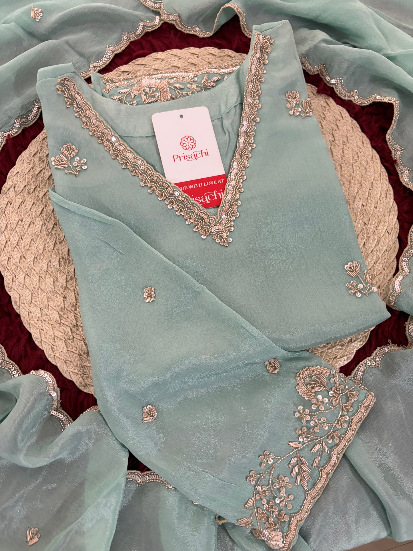 Sky Blue Zardozi Embroidered Kurti Set with Sharara And Dupatta | Festive & Wedding Ethnic Suit Set