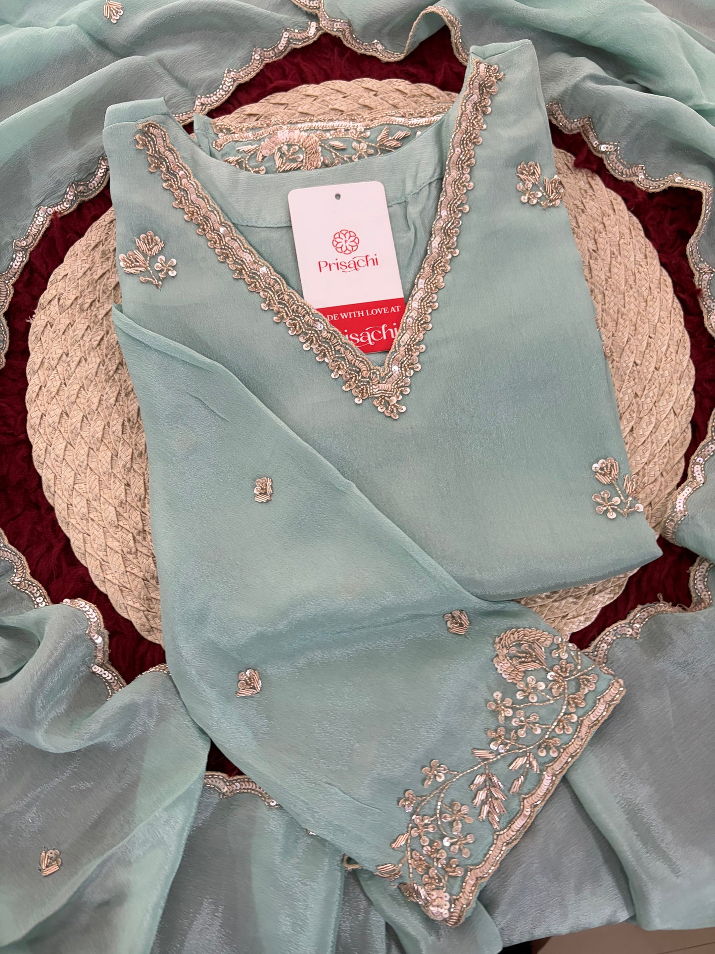 Sky Blue Zardozi Embroidered Kurti Set with Sharara And Dupatta | Festive & Wedding Ethnic Suit Set