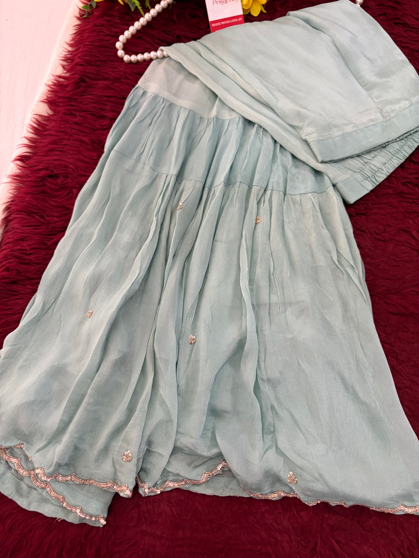 Sky Blue Zardozi Embroidered Kurti Set with Sharara And Dupatta | Festive & Wedding Ethnic Suit Set