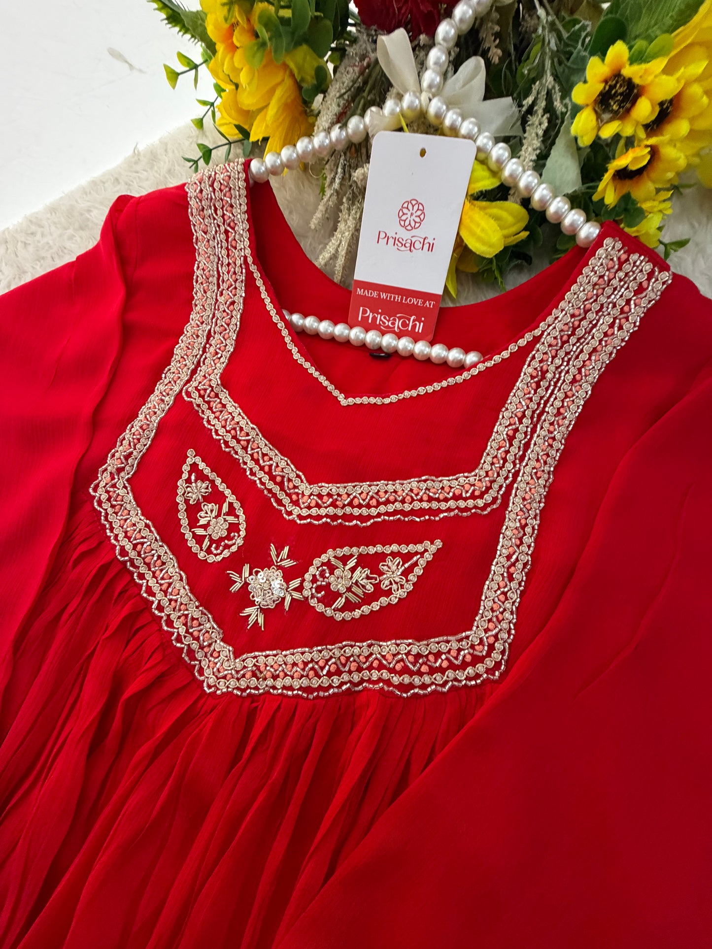 Red Zardozi Embroidered Ethnic A-Line kurta set with dupatta and Pants | Traditional Festive Suit