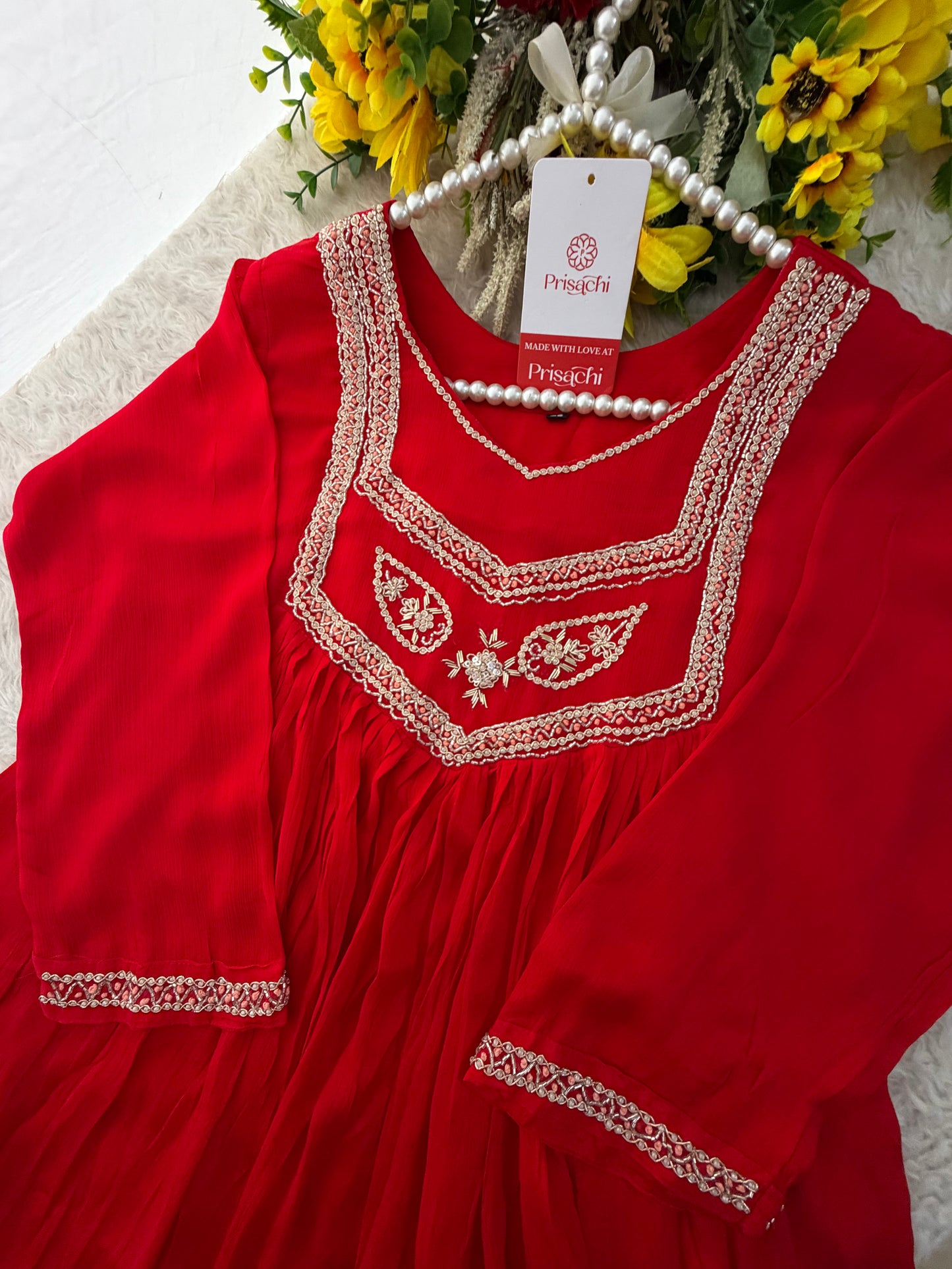 Red Zardozi Embroidered Ethnic A-Line kurta set with dupatta and Pants | Traditional Festive Suit