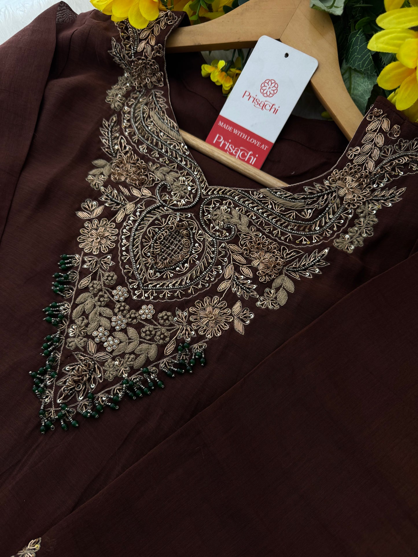 Brown Designer Embroidered Ethnic A-Line Kurta Set with Pants & Dupatta - Prisachi Official