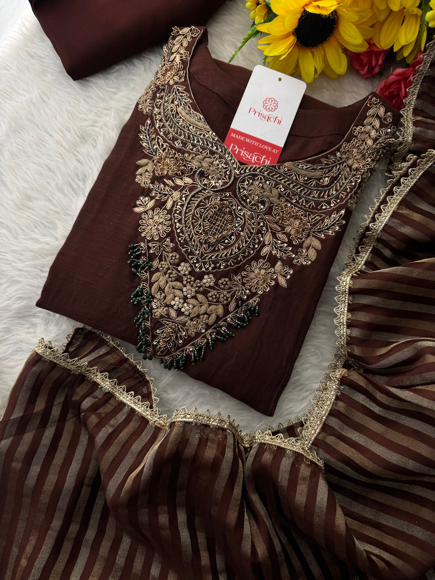 Brown Designer Embroidered Ethnic A-Line Kurta Set with Pants & Dupatta - Prisachi Official