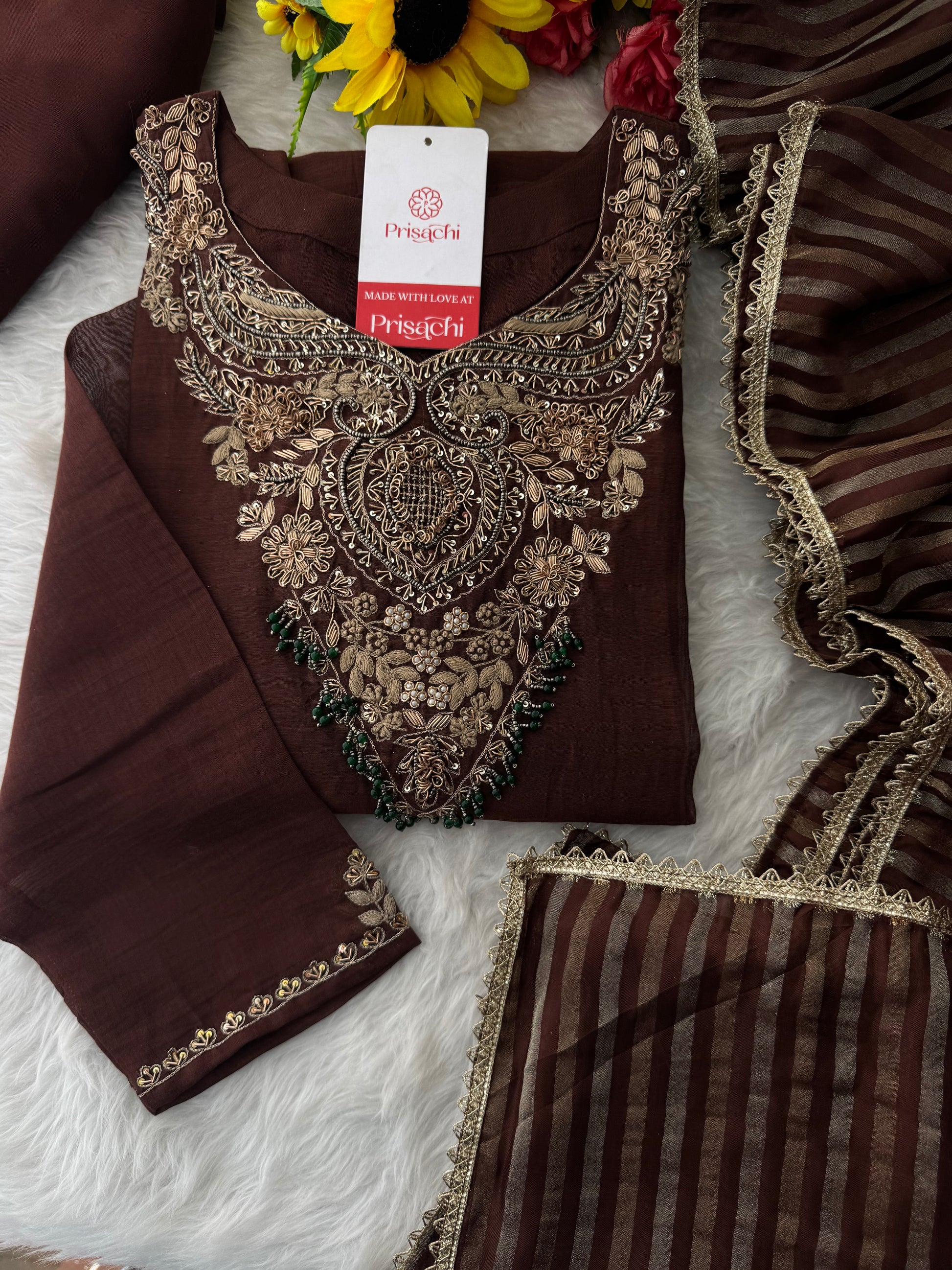 Brown Designer Embroidered Ethnic A-Line Kurta Set with Pants & Dupatta - Prisachi Official