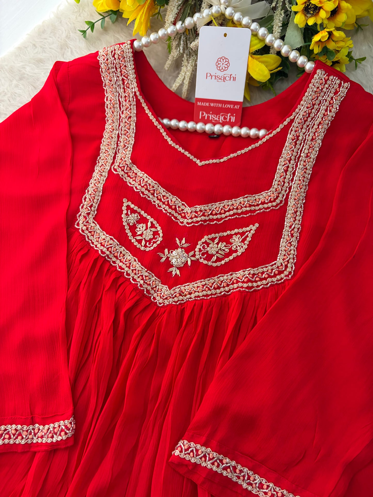 Red Zardozi Embroidered Ethnic A-Line kurta set with dupatta and Pants | Traditional Festive Suit