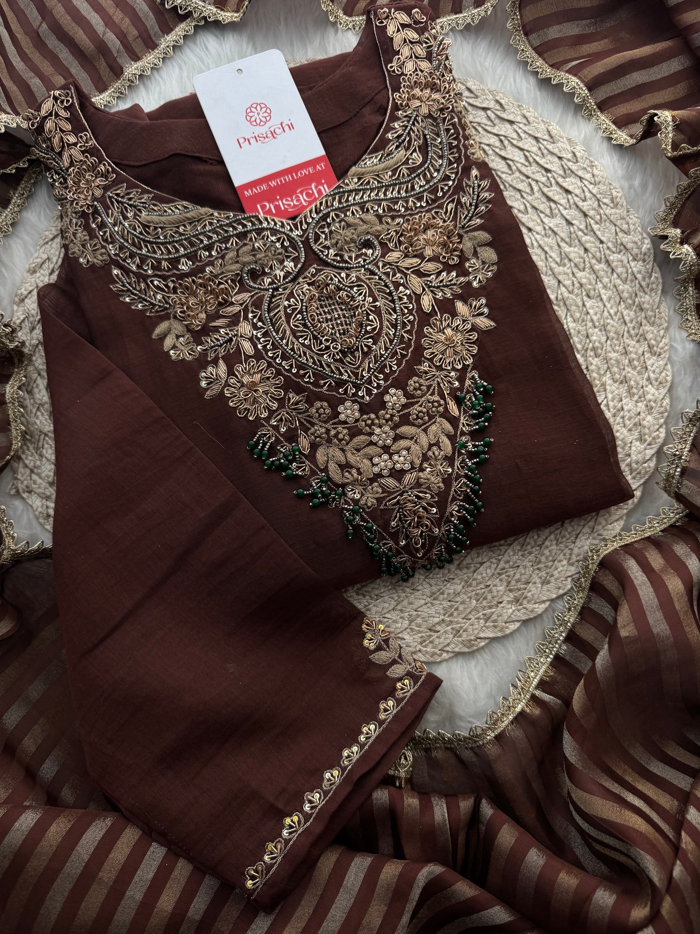 Brown Designer Embroidered Ethnic A-Line Kurta Set with Pants & Dupatta - Prisachi Official