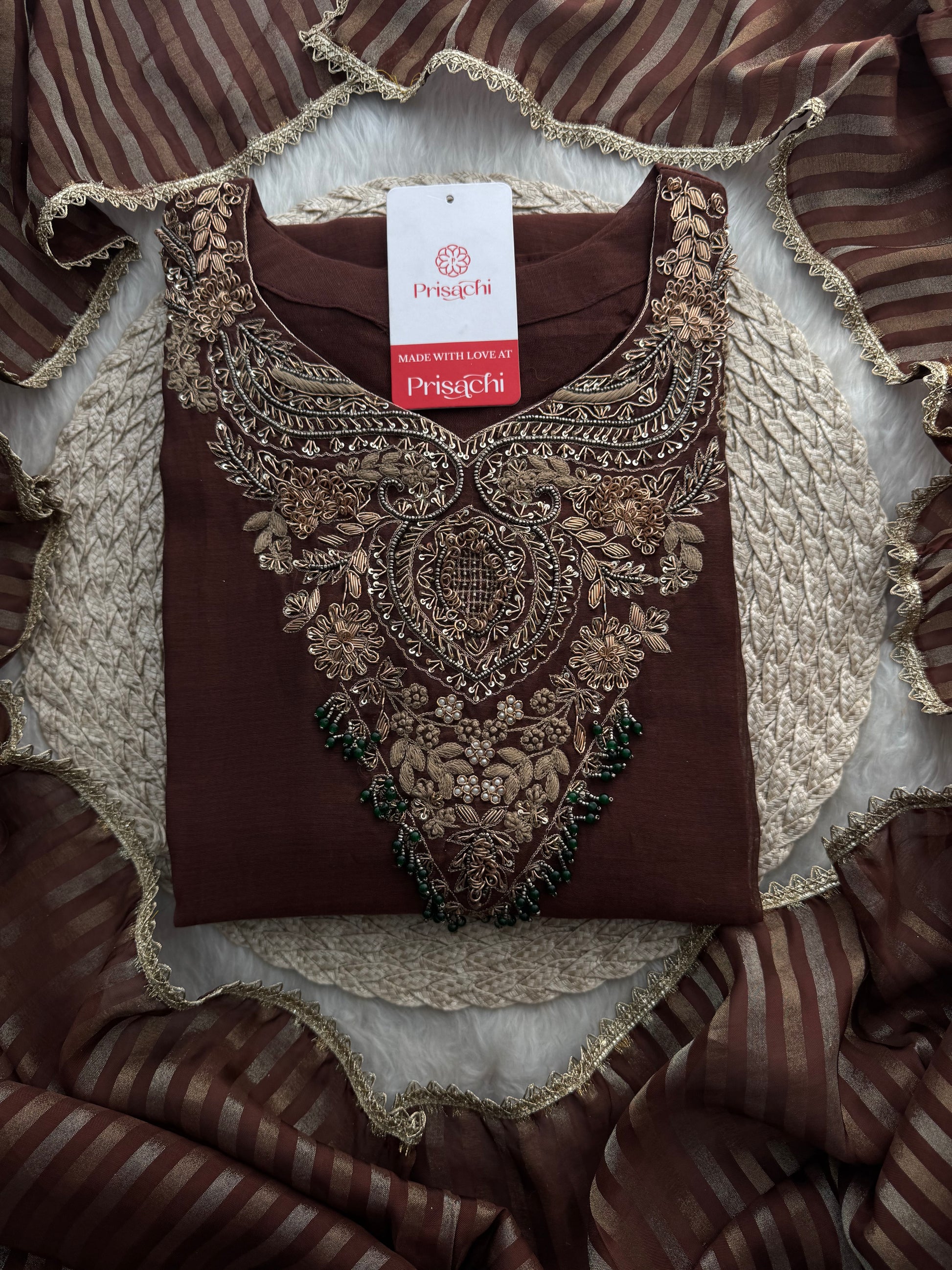 Brown Designer Embroidered Ethnic A-Line Kurta Set with Pants & Dupatta - Prisachi Official