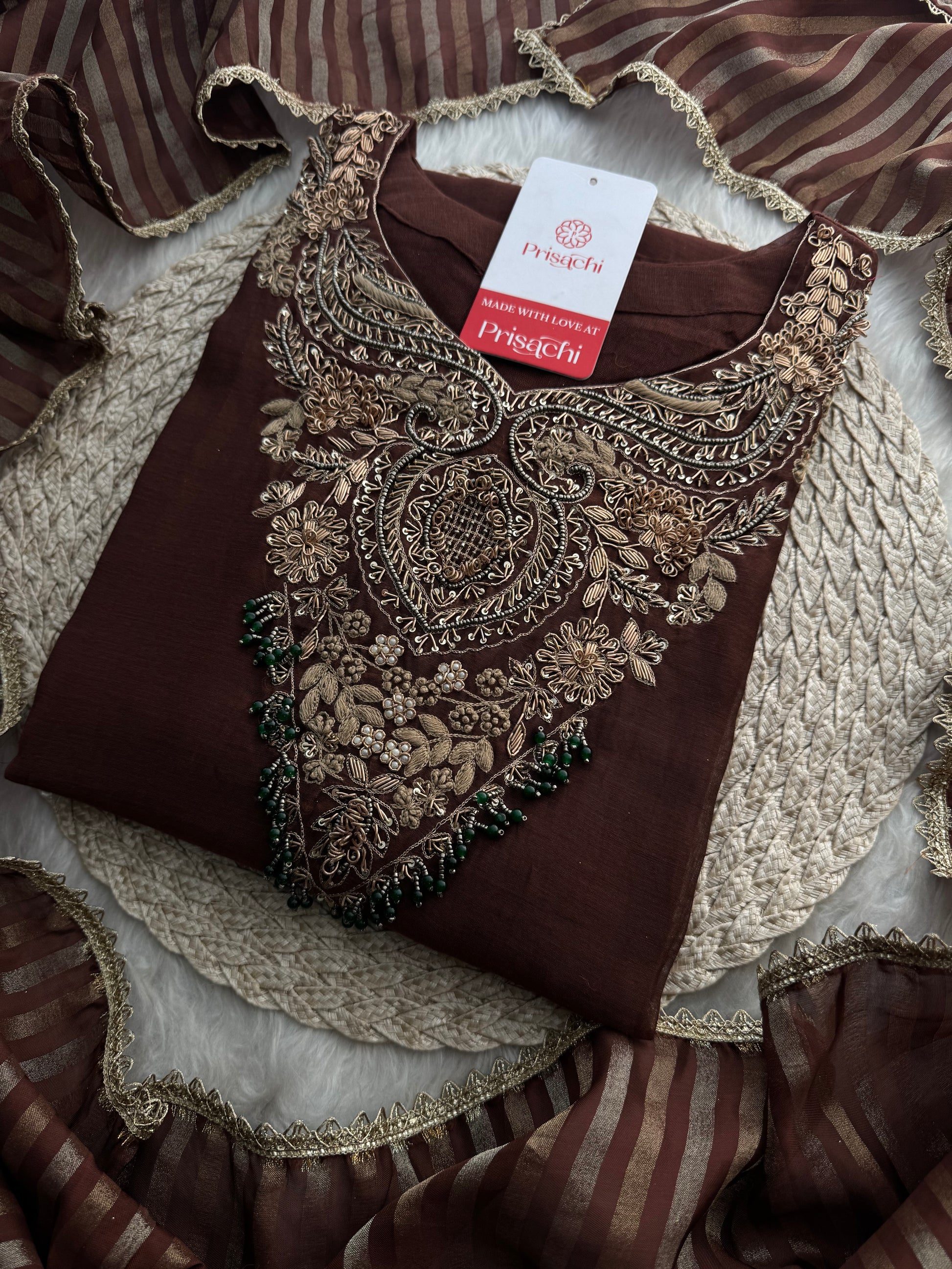 Brown Designer Embroidered Ethnic A-Line Kurta Set with Pants & Dupatta - Prisachi Official