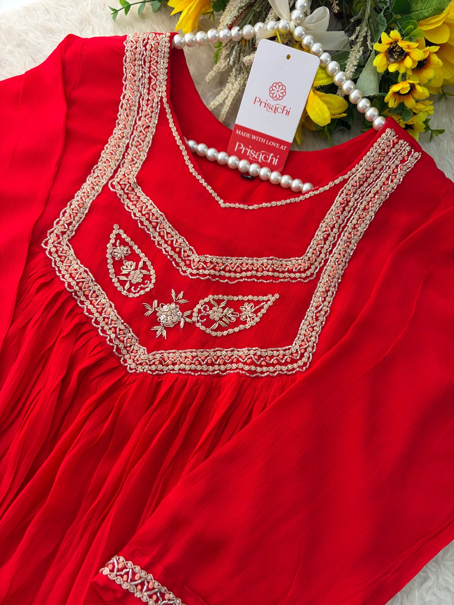 Red Zardozi Embroidered Ethnic A-Line kurta set with dupatta and Pants | Traditional Festive Suit